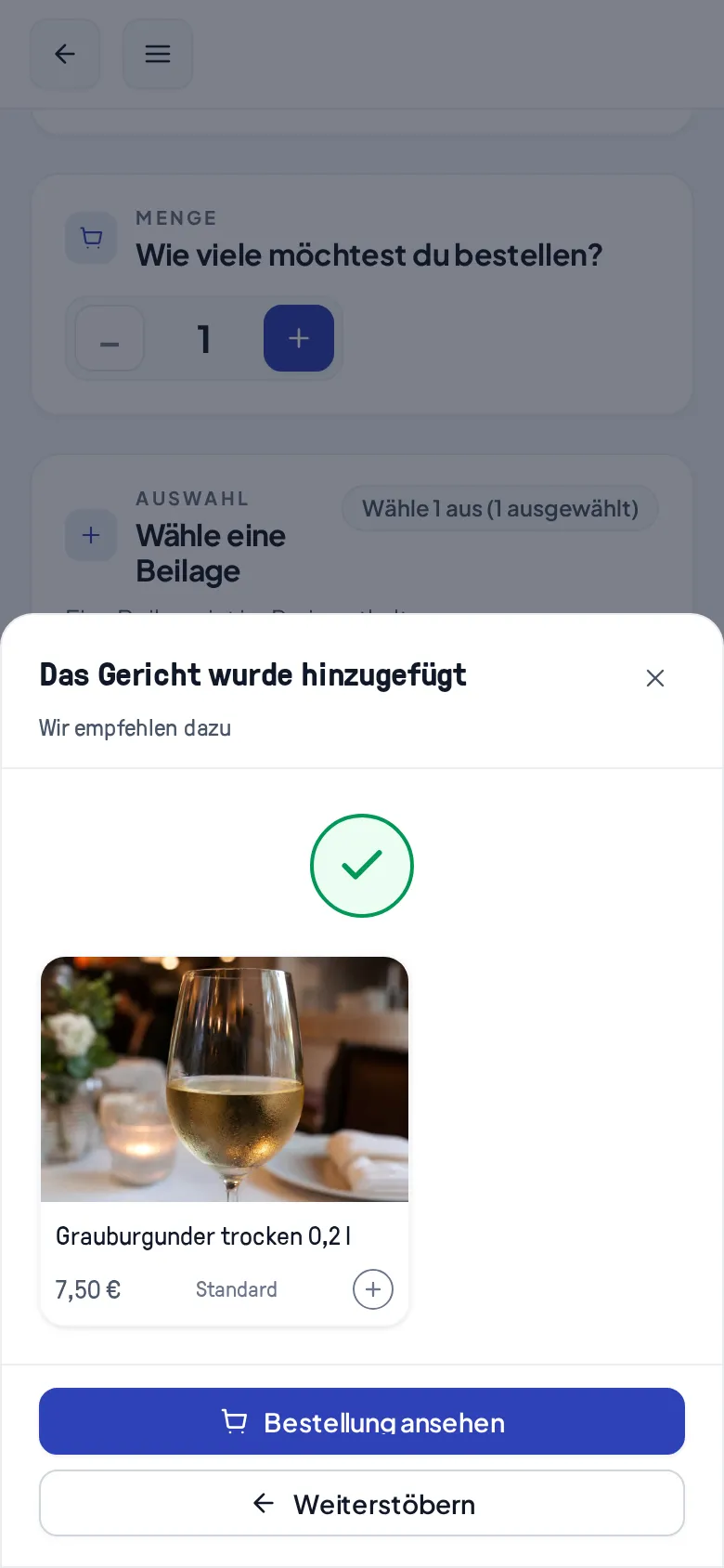 Das Empfehlungsfenster nach dem Hinzufügen zur Bestellung mit dem vorgeschlagenen Grauburgunder