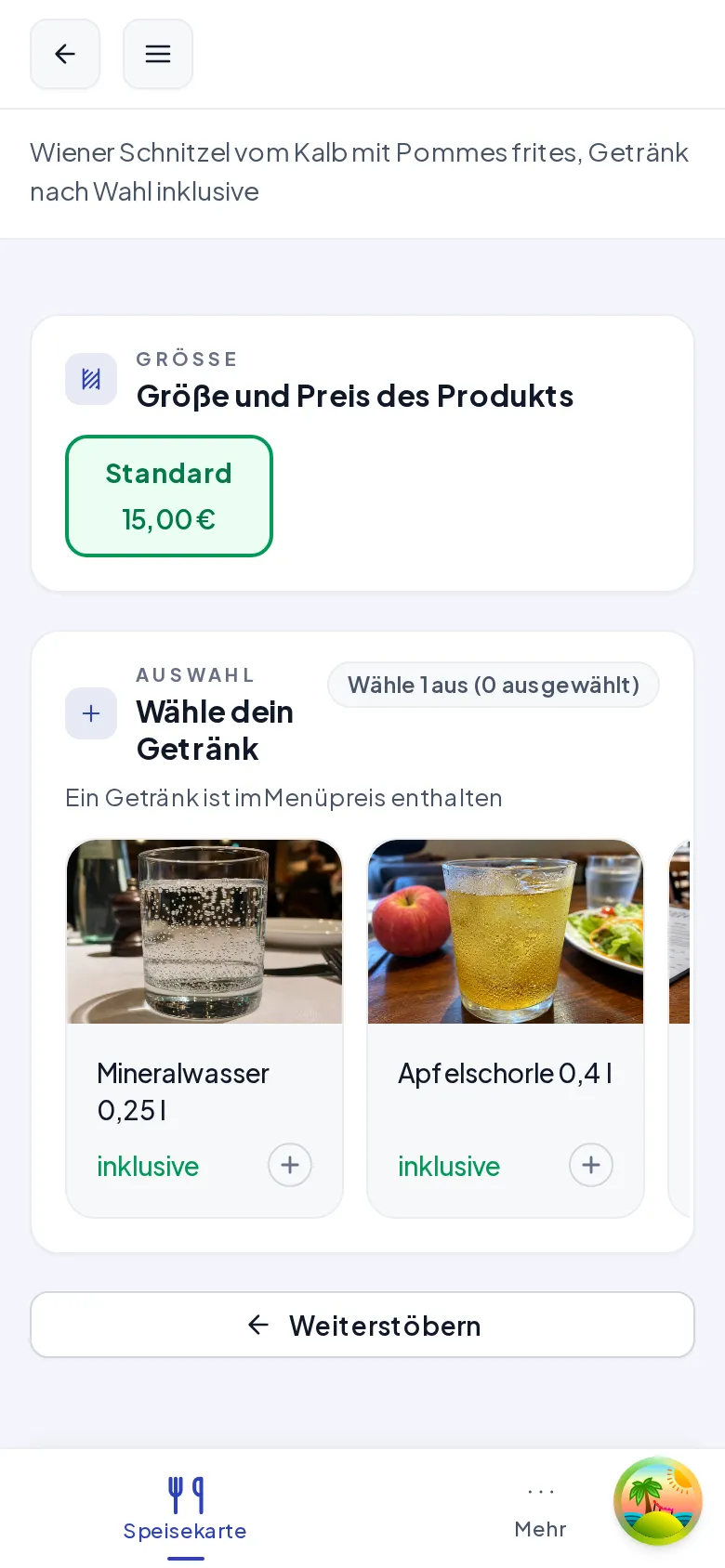 Die Gästeansicht des Schnitzel-Menüs mit dem Preis 15,00 € und den Getränke-Kacheln, die „inklusive“ statt eines Preises zeigen