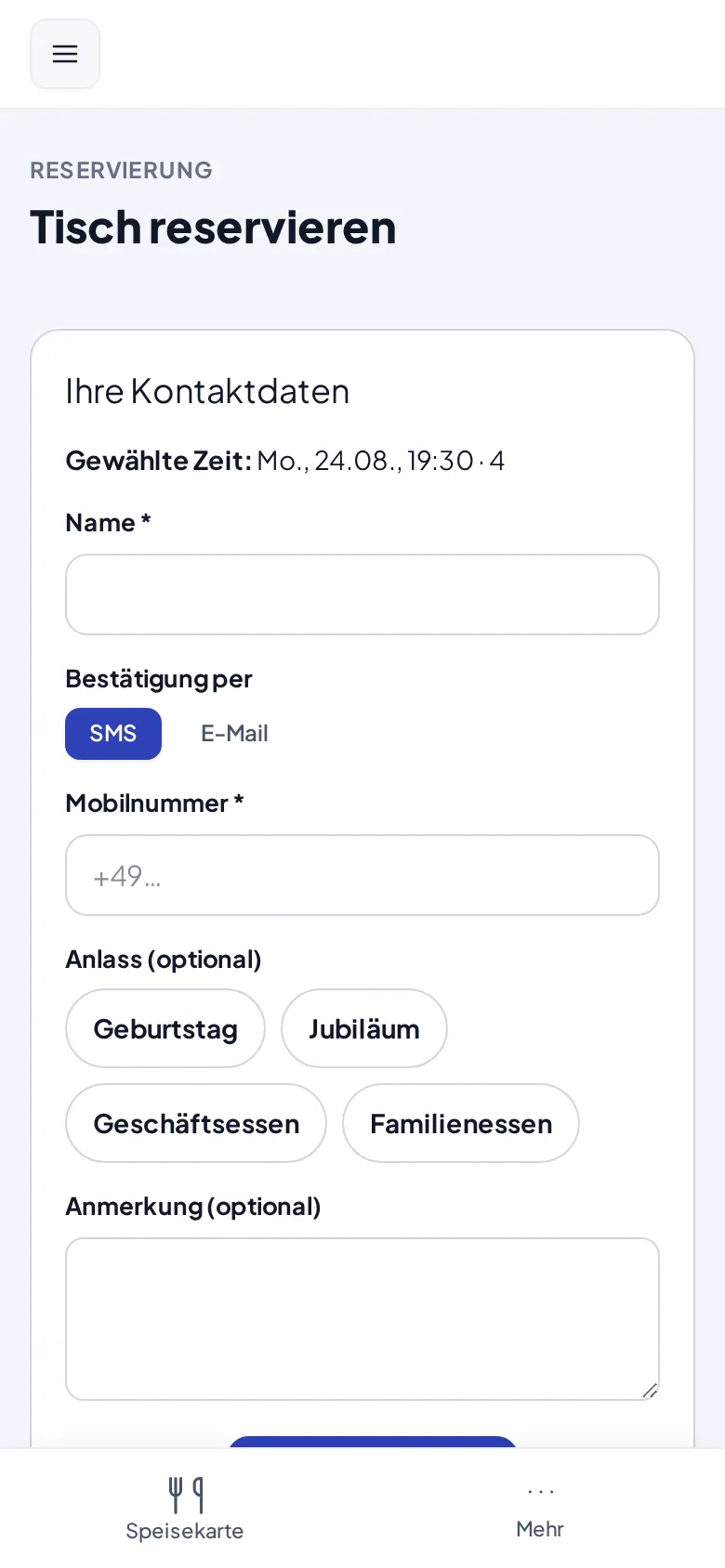Das Kontaktformular des Gastes mit Bestätigung per SMS oder E-Mail und Anlass-Auswahl