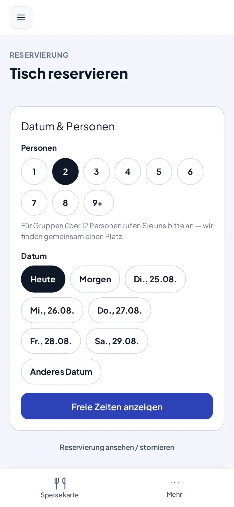 Die Gäste-Buchungsseite: Personen und Datum wählen