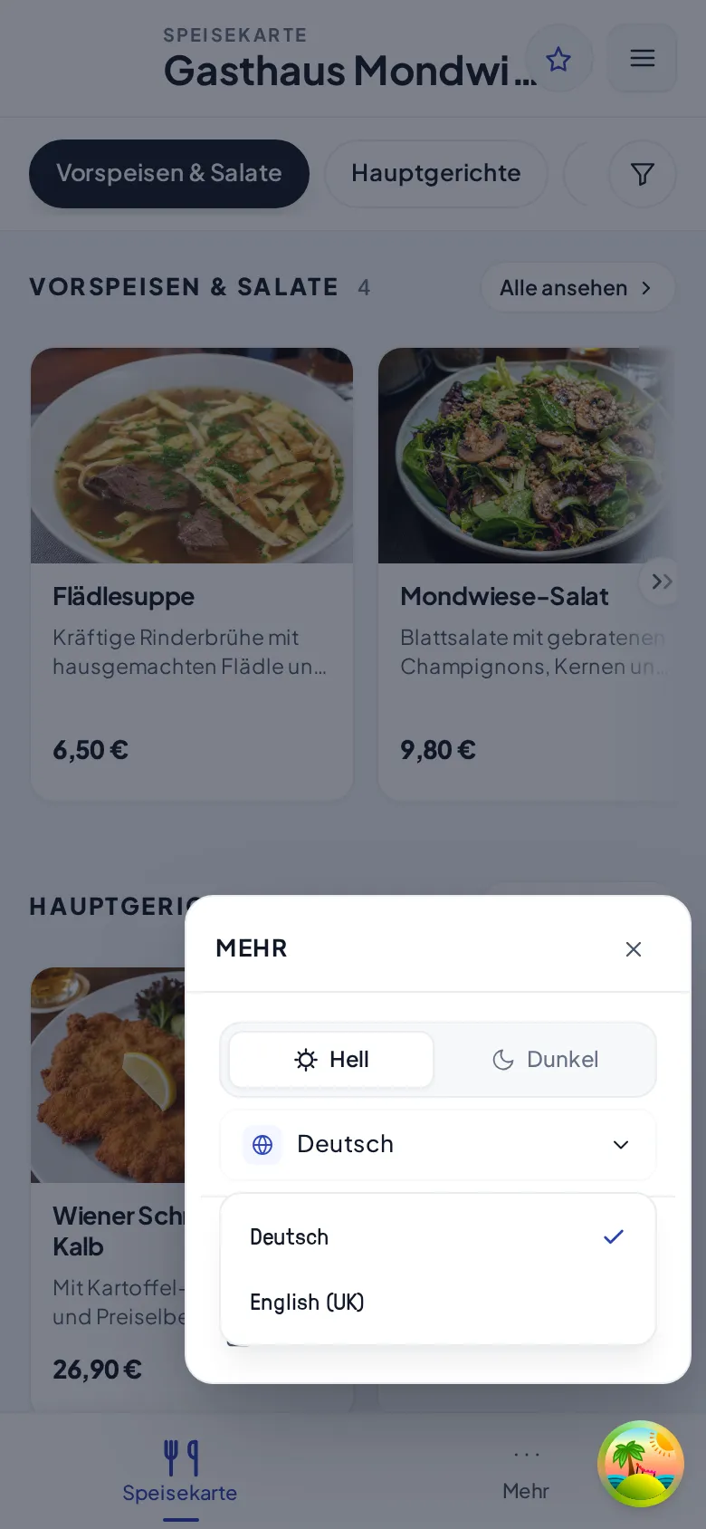 Der Sprachwähler im „Mehr“-Menü der Gästekarte mit Deutsch und English (UK)