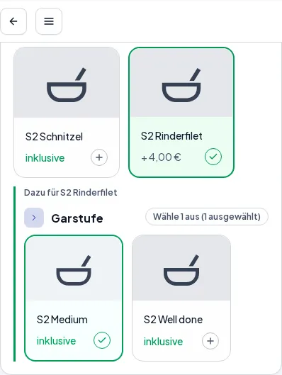 Die Gästeansicht des Menüs: unter dem gewählten Rinderfilet klappt der Unter-Schritt „Garstufe“ auf