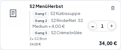 Der Gast-Warenkorb mit der Menü-Zeile und den eingerückten Gängen 1 bis 3
