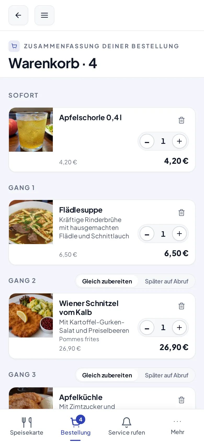 Der Gast-Warenkorb mit Gang-Gruppen und den Chips Gleich zubereiten und Später auf Abruf