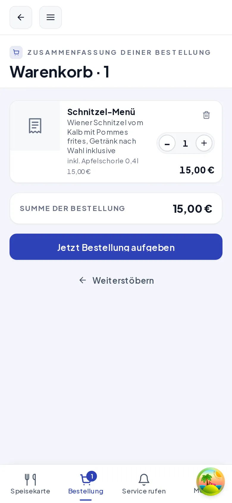 Der Warenkorb mit einer Zeile „Schnitzel-Menü“, dem Zusatz „inkl. Apfelschorle 0,4 l“ und der Summe 15,00 €