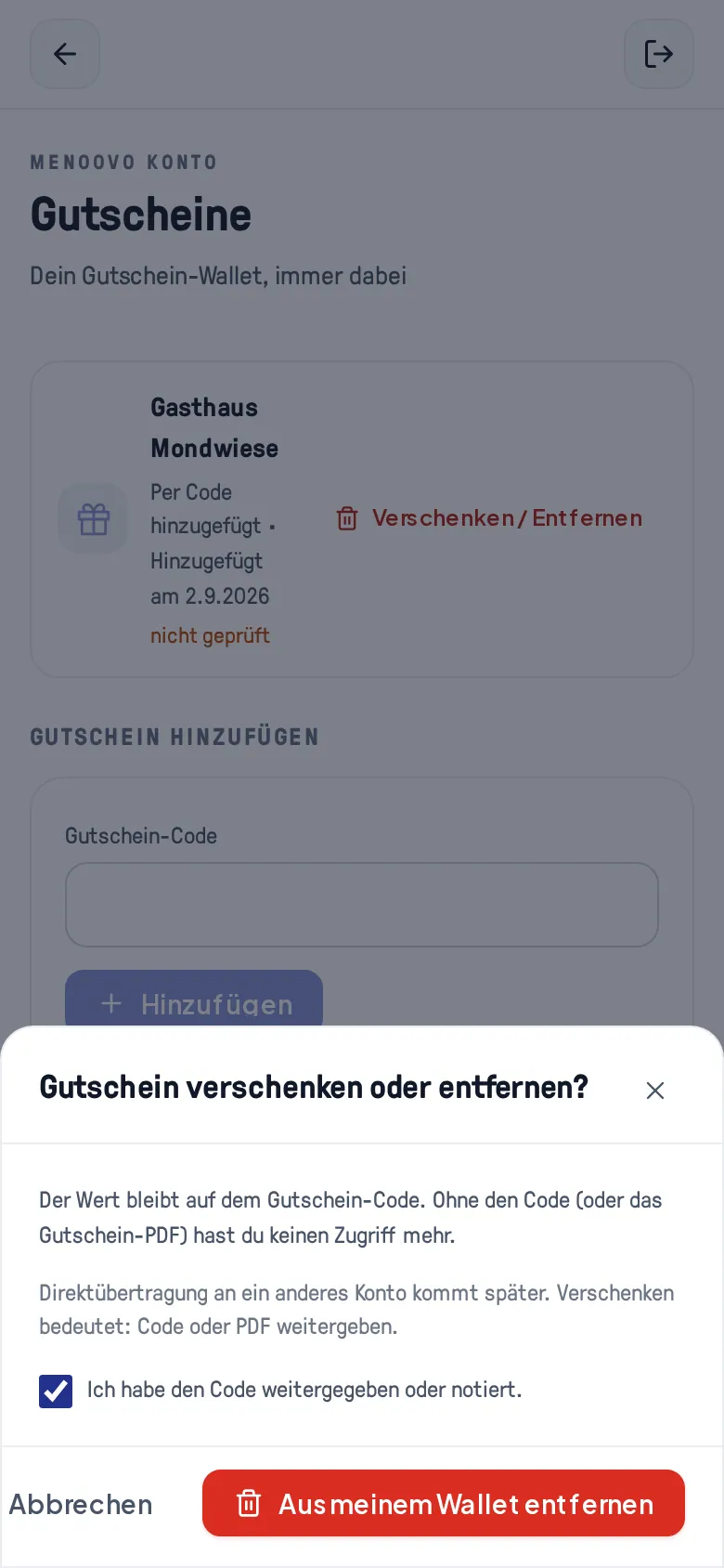 Der Bestätigungsdialog „Gutschein verschenken oder entfernen?“ mit gesetztem Häkchen und aktivem Entfernen-Knopf