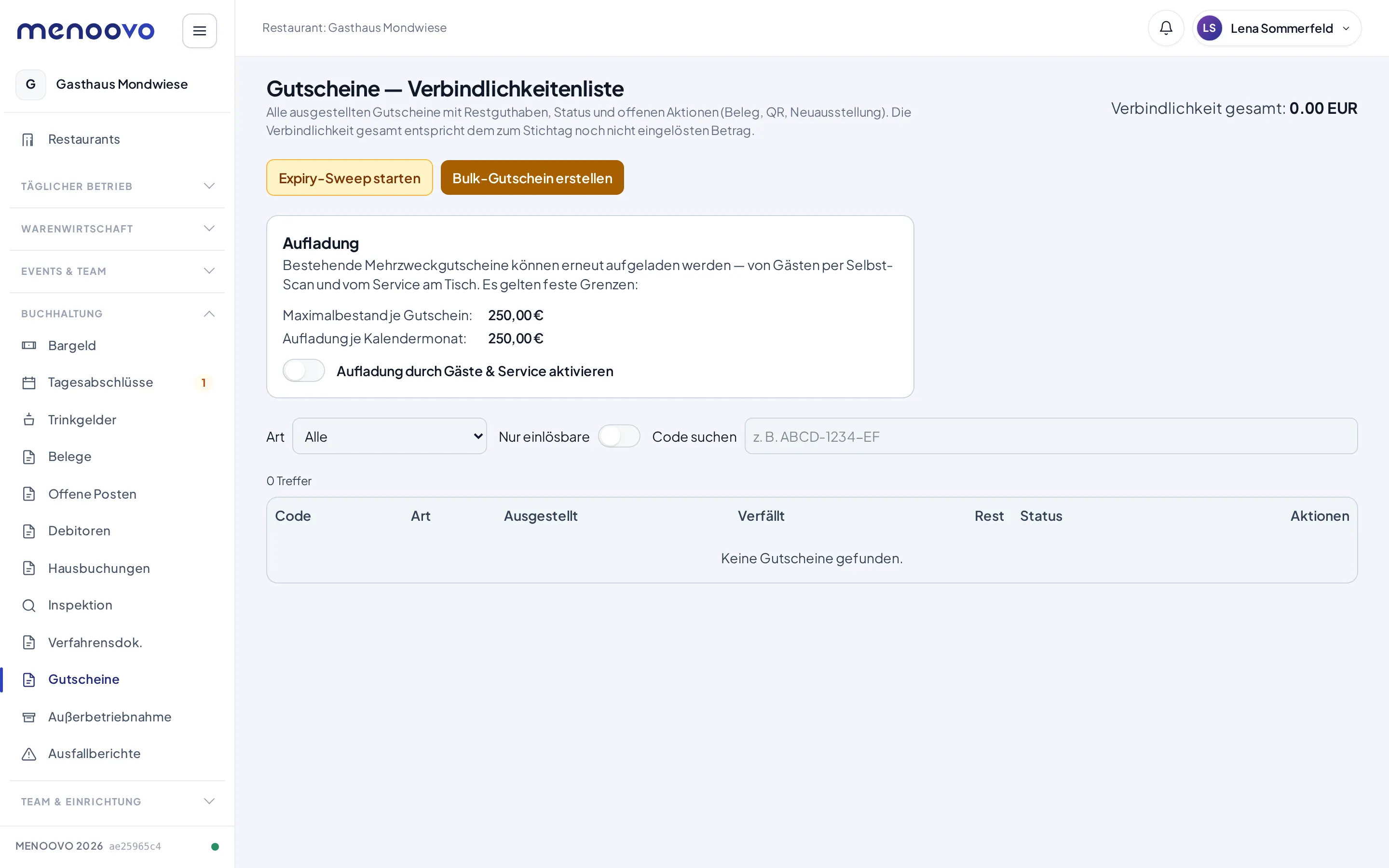 Die Gutschein-Verbindlichkeitenliste mit Aufladung-Einstellungen