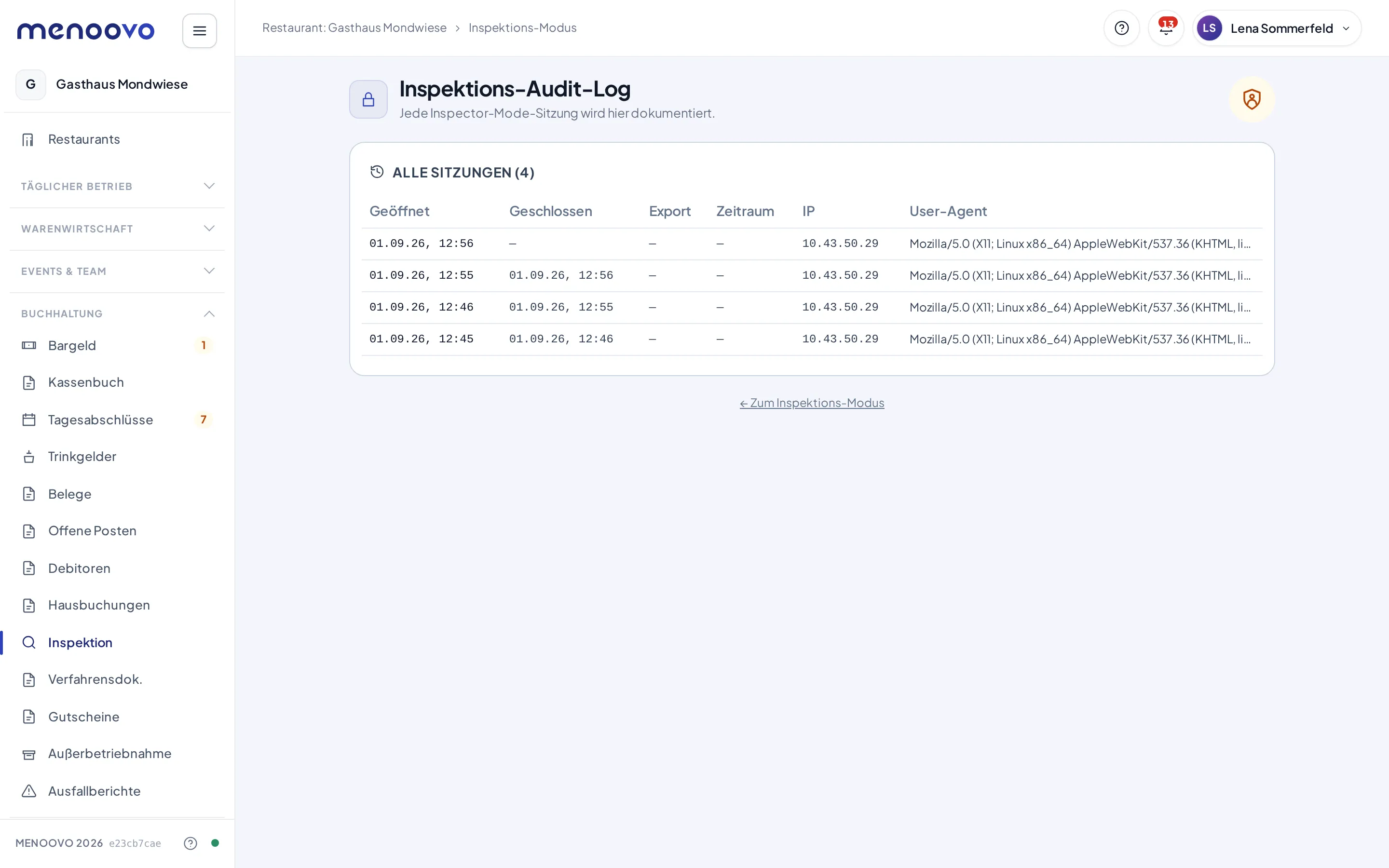 Das Inspektions-Audit-Log mit allen bisherigen Sitzungen