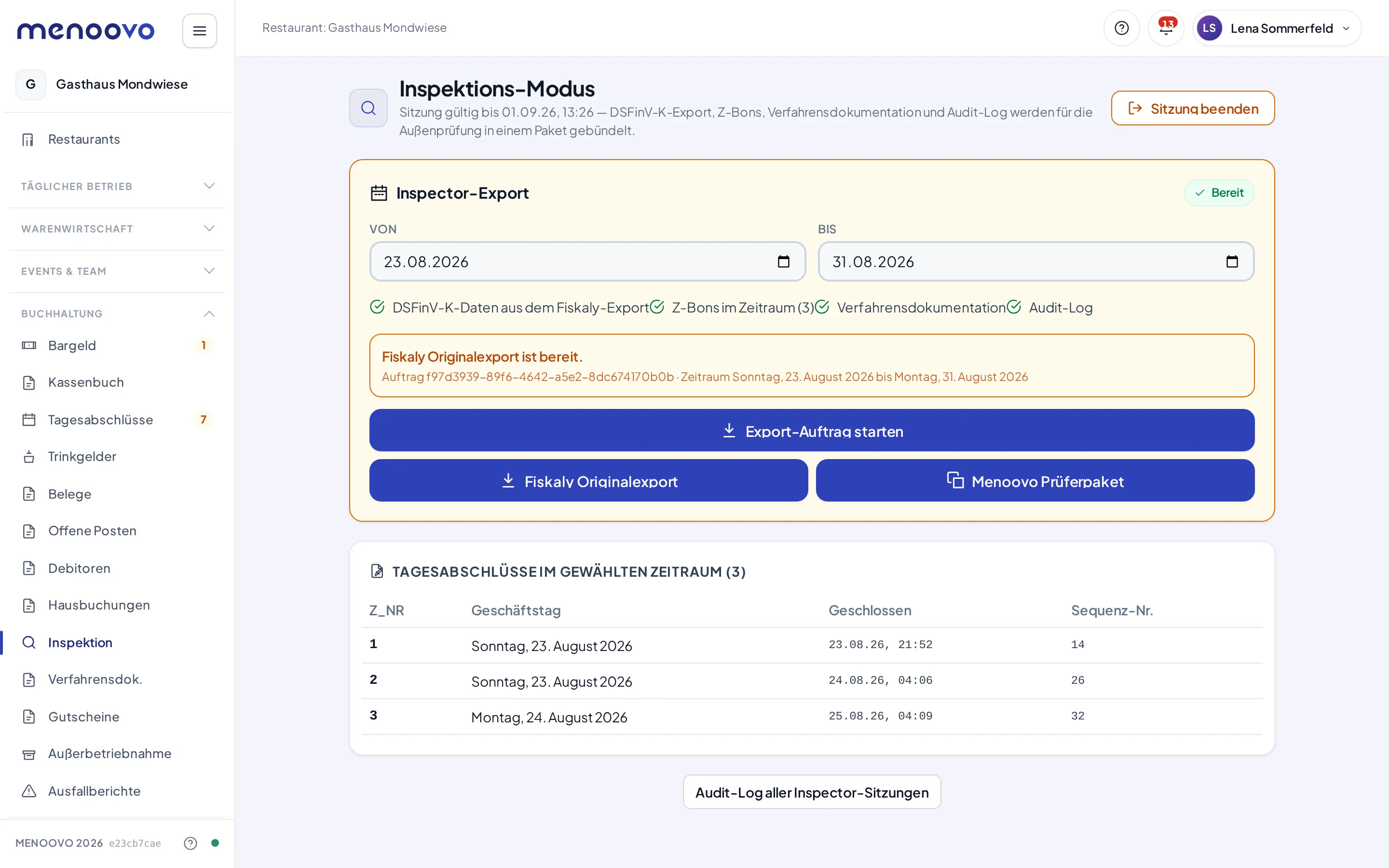 Der abgeschlossene DSFinV-K-Export-Auftrag mit beiden Downloads