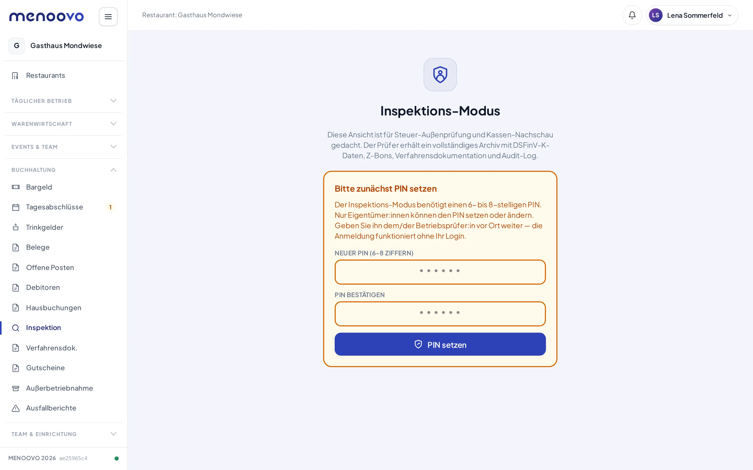 Der Inspektions-Modus mit PIN-Einrichtung