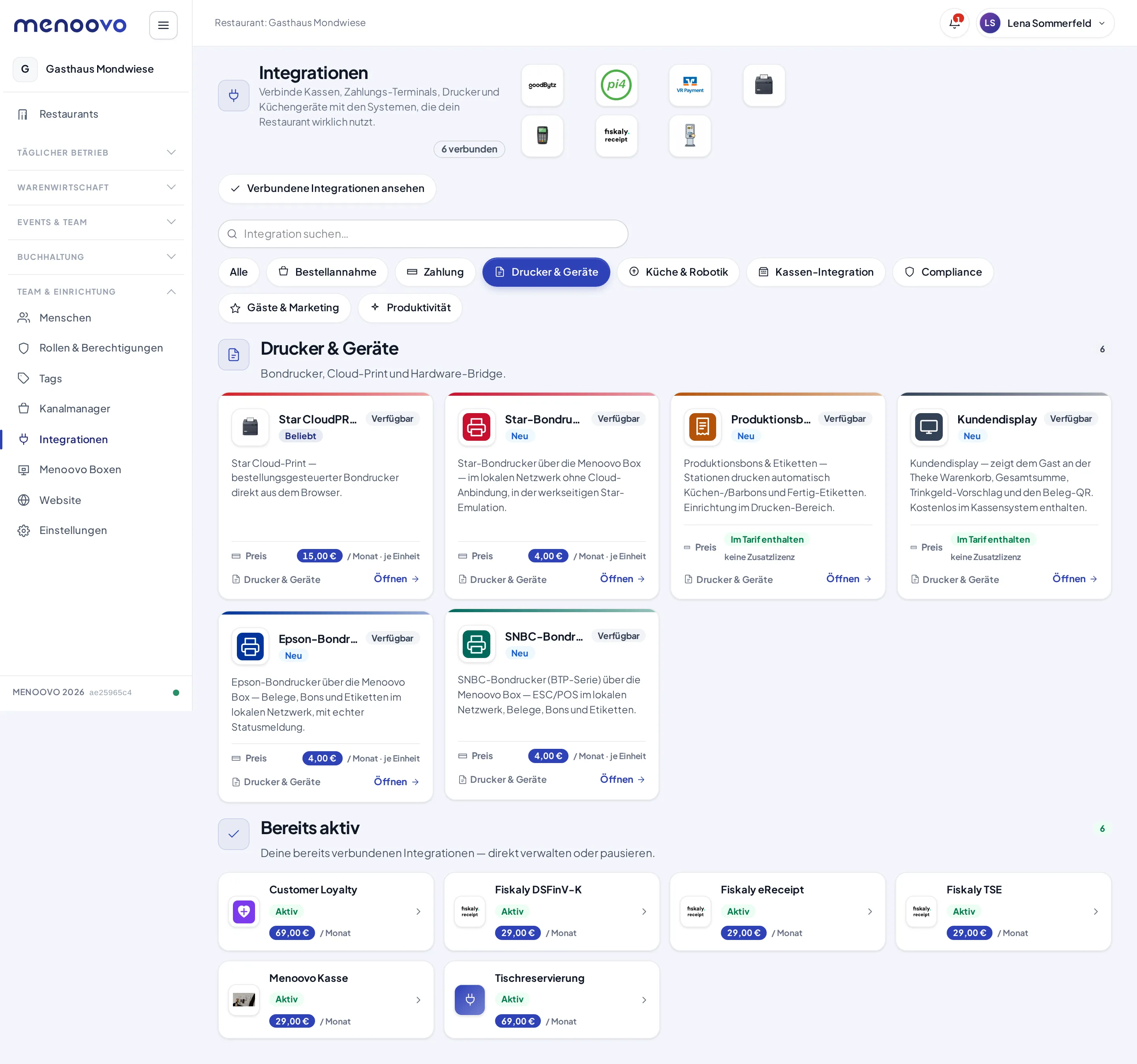 Der Marketplace, gefiltert auf die Kategorie Drucker & Geräte, mit dem Bereich Bereits aktiv