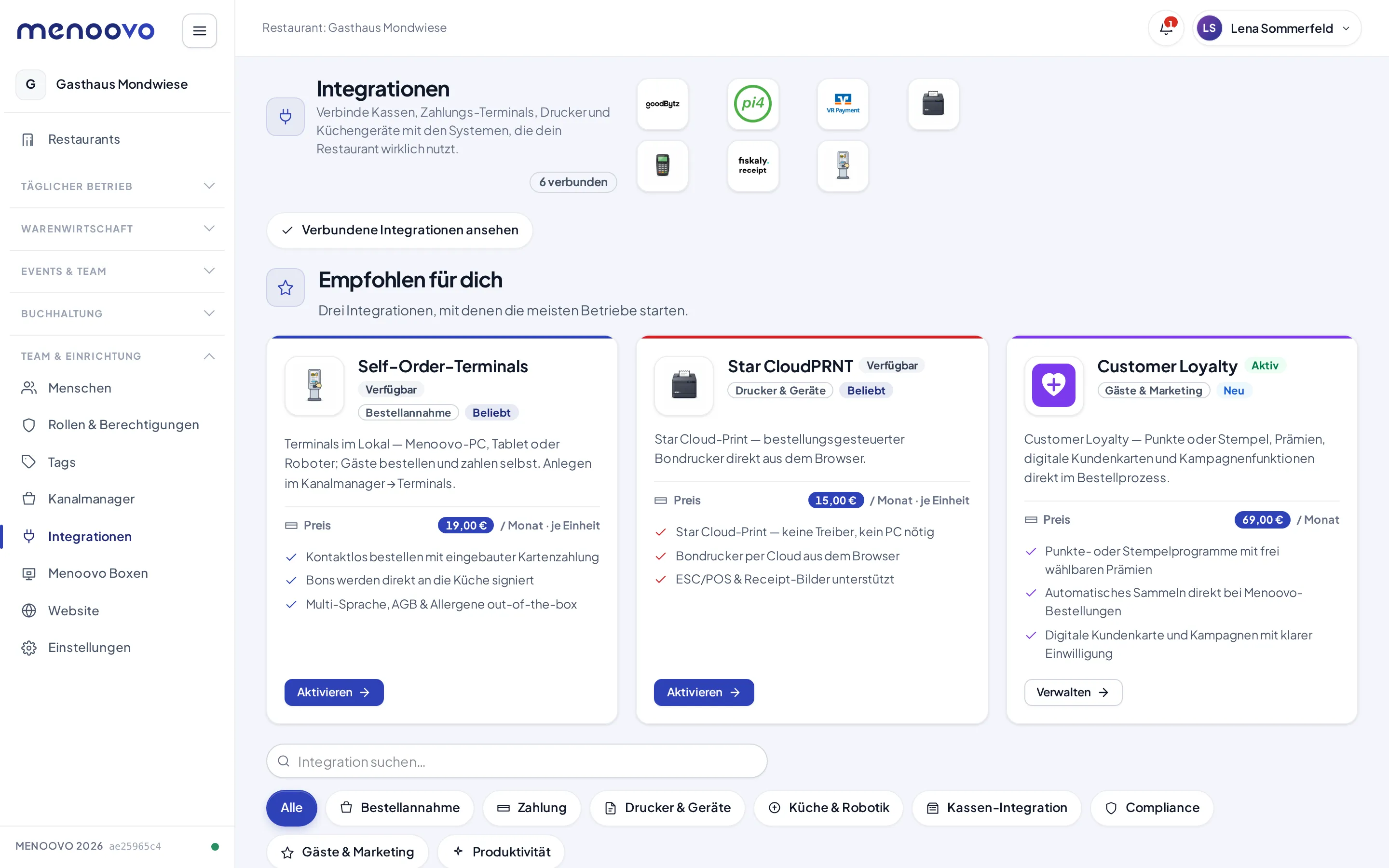 Der Integrationen-Marketplace mit Empfehlungen und Suchfeld