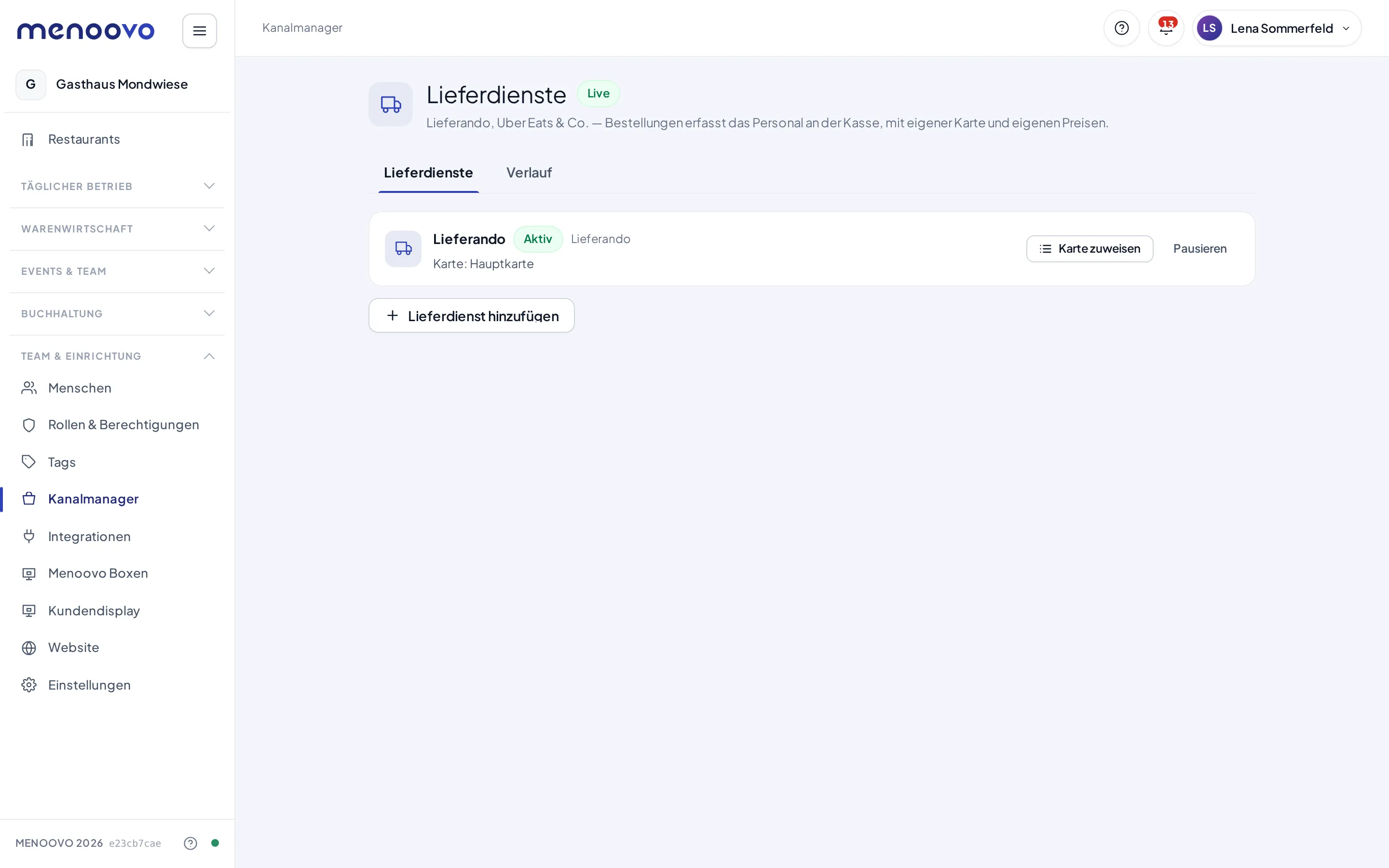 Der Kanal Lieferdienste im Kanalmanager mit der aktiven Plattform Lieferando und der zugewiesenen Hauptkarte