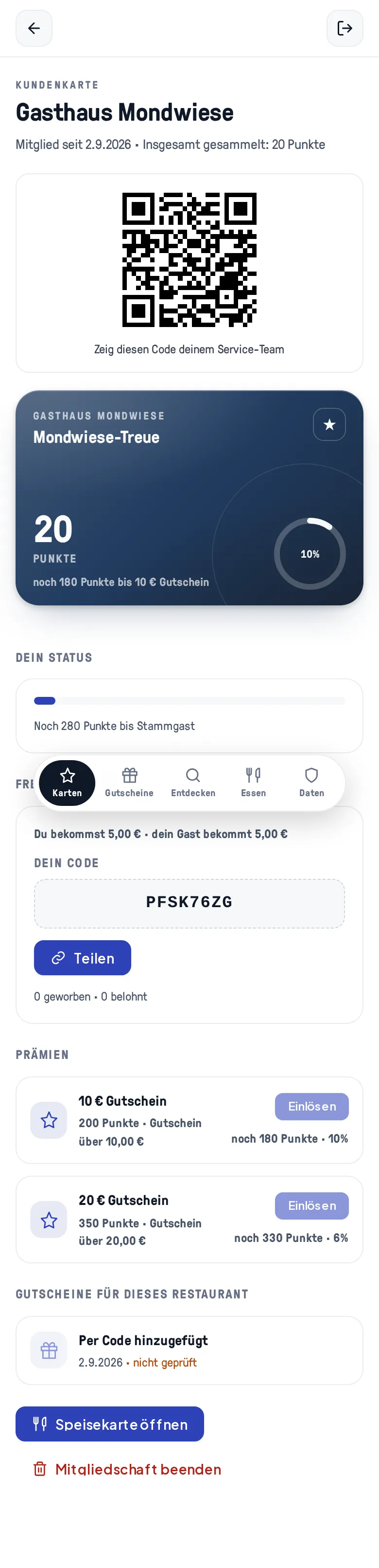 Die Kartendetailseite von Mondwiese-Treue mit Mitglieds-QR-Code, Punktestand, Status-Fortschritt, Freunde werben und den zwei Prämien