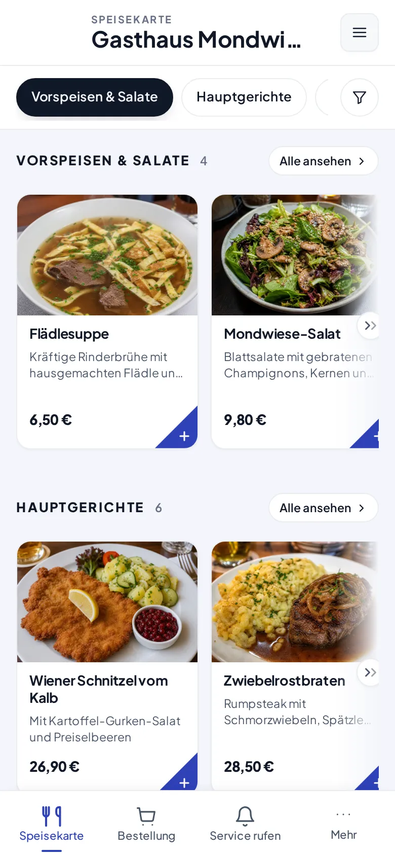 Die Gästekarte nach dem Scan: Abschnitts-Chips oben, Produktkacheln mit Foto und Preis, Tab-Leiste unten