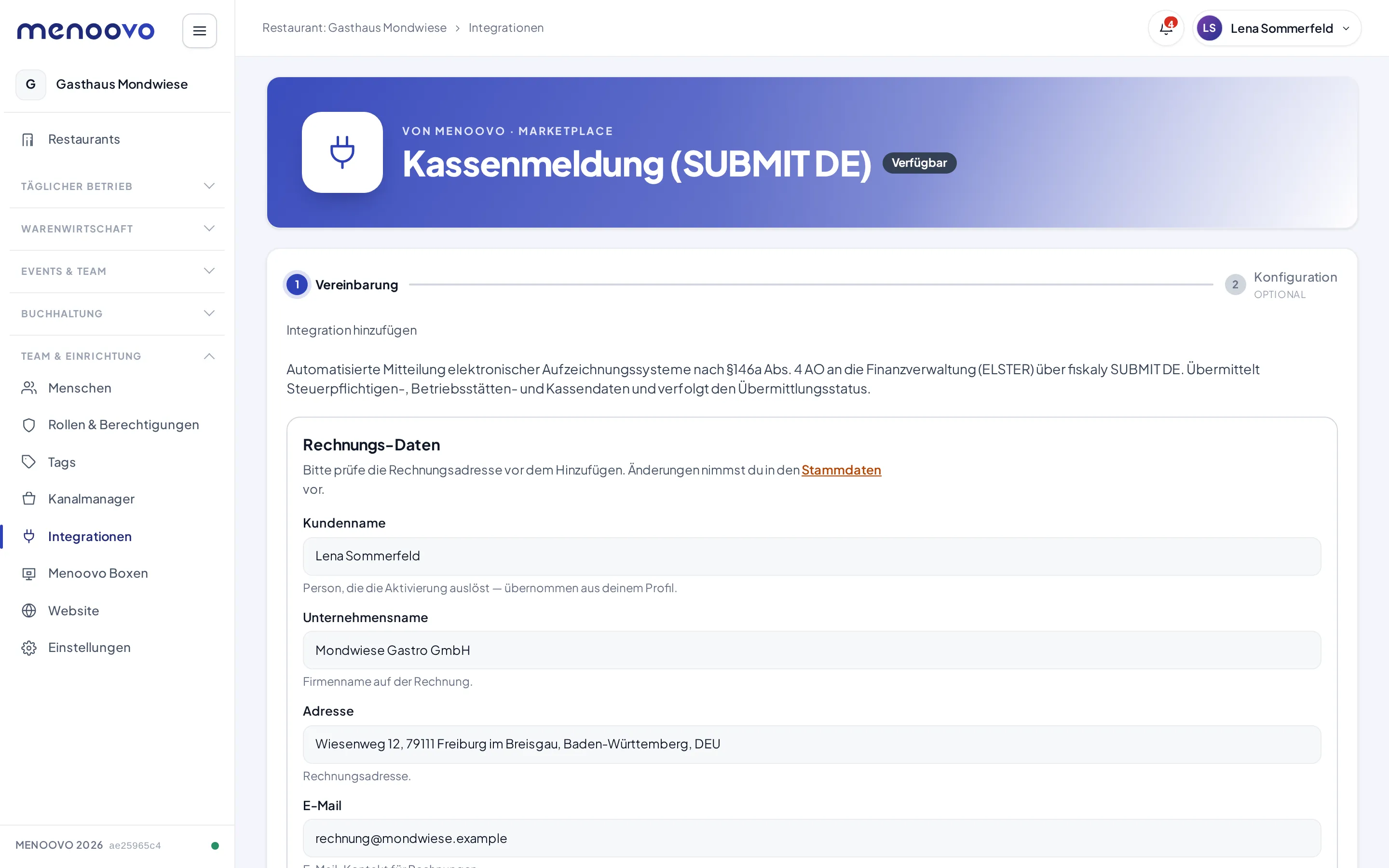 Die Marketplace-Detailansicht der Integration Kassenmeldung mit den Schritten Vereinbarung und Konfiguration