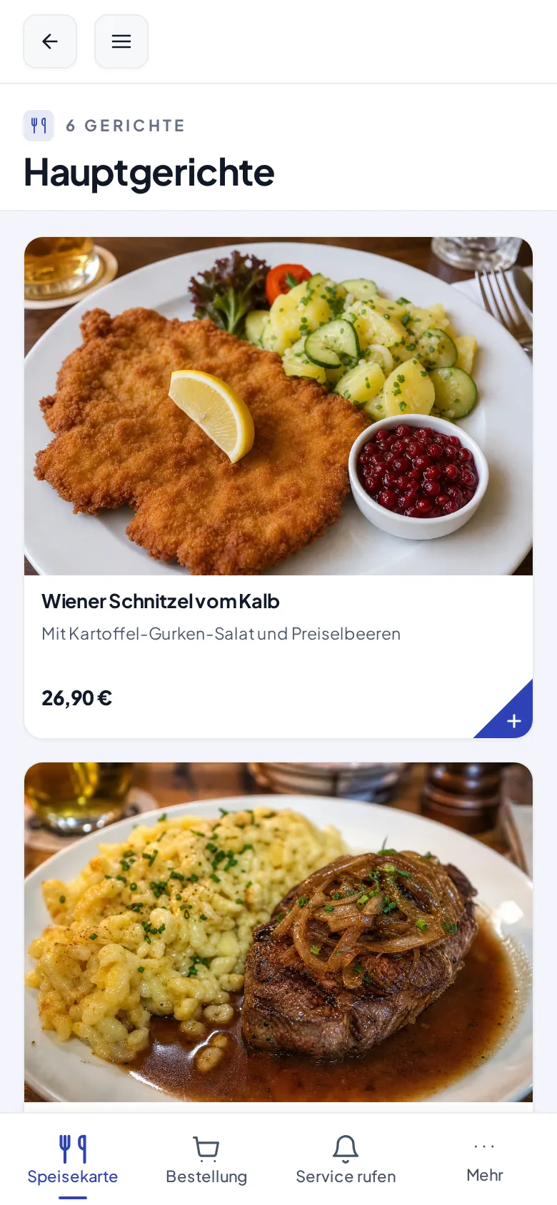 Der Abschnitt Hauptgerichte als Liste mit großen Produktfotos