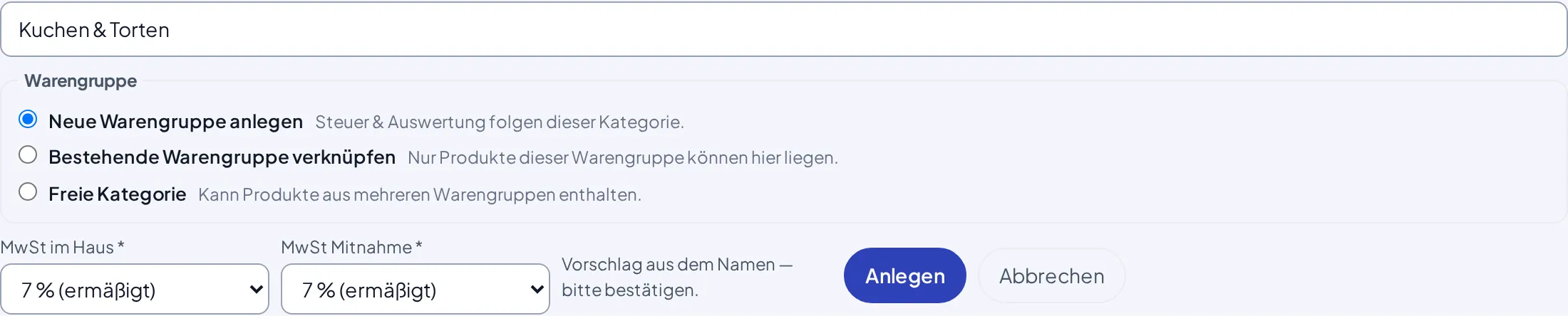 Das Formular Neue Kategorie mit Warengruppen-Auswahl und den vorgeschlagenen MwSt-Sätzen