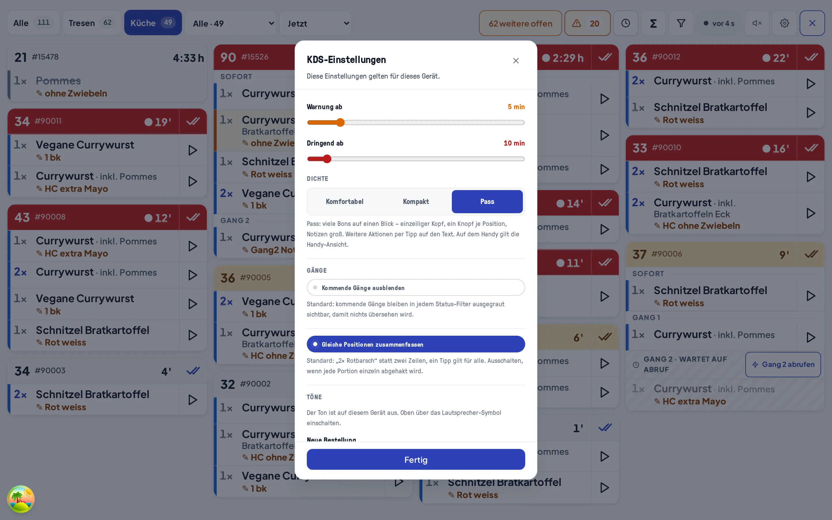 Der Dialog KDS-Einstellungen mit Warnzeiten, Dichte und Gang-Optionen