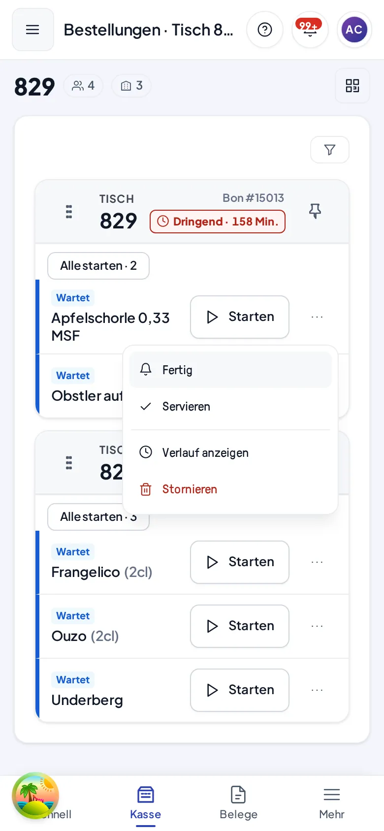 Eine Position auf dem Handy: Statusmarke, ein Knopf, darunter das ···-Menü mit Fertig, Servieren, Verlauf und Stornieren