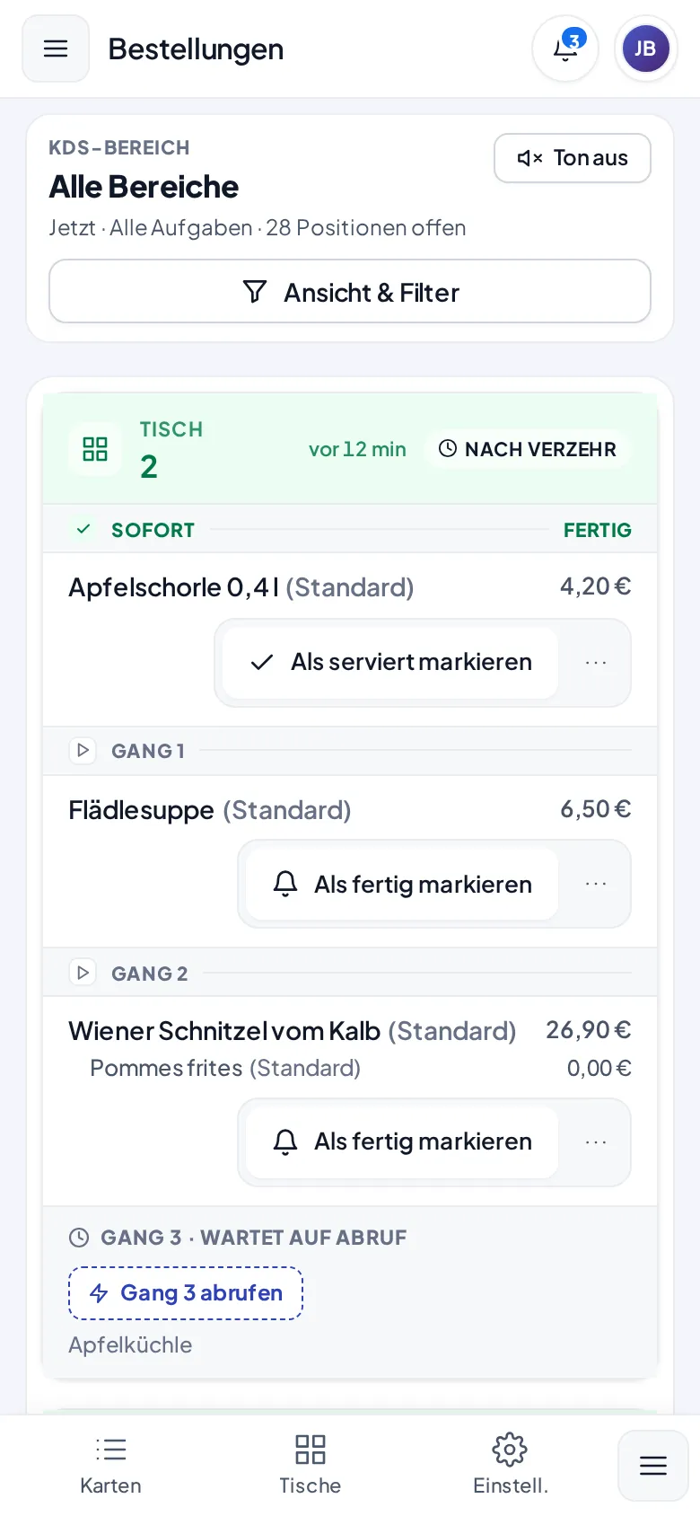 Der Küchenmonitor im Handy-Layout mit großen Aktionsknöpfen und Gang-Abschnitten