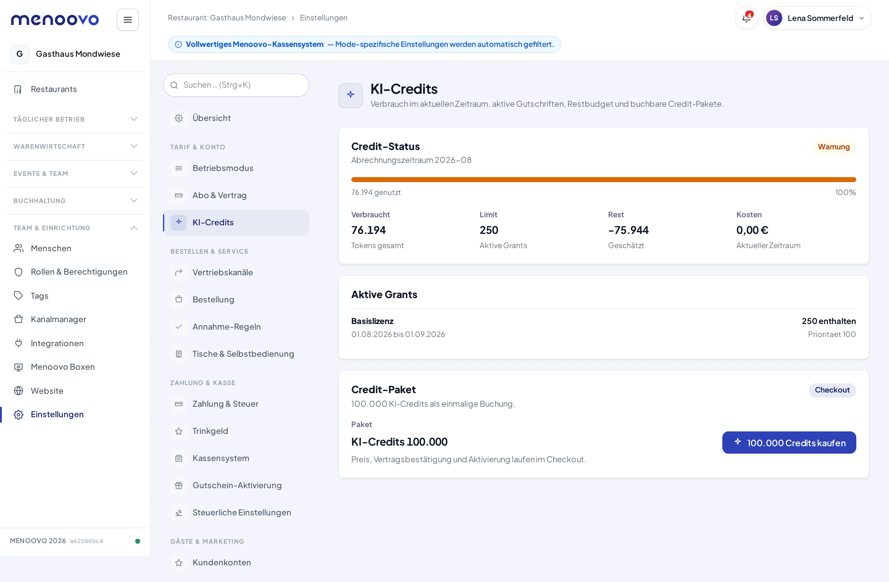 Die Einstellungsseite KI-Credits mit Credit-Status, Warnung, aktiven Grants und dem buchbaren Credit-Paket