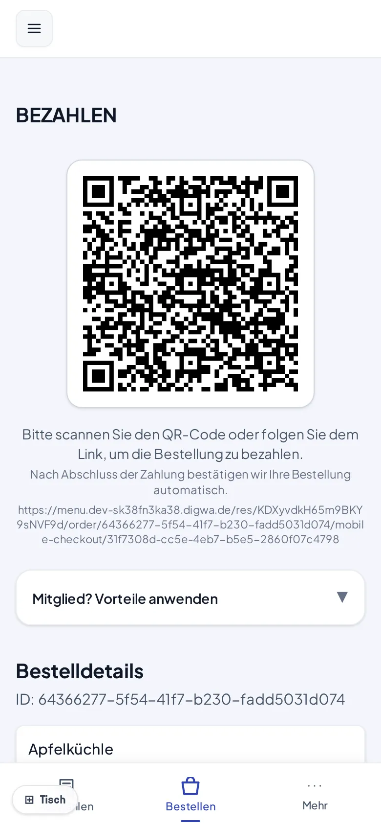 Die Bezahlseite am Terminal mit QR-Code