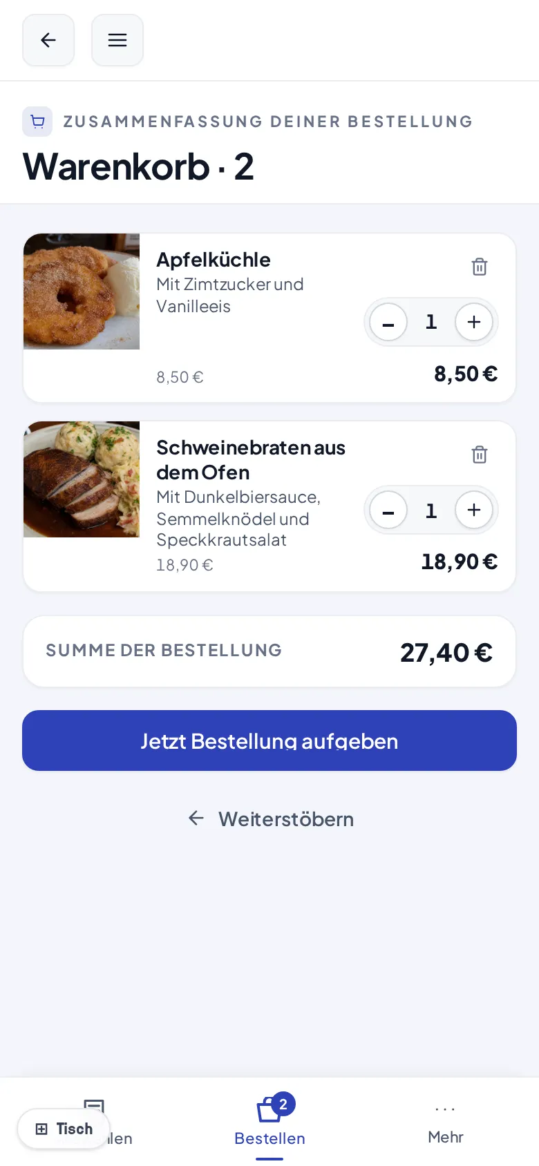Der Warenkorb am Terminal mit Summe und „Jetzt Bestellung aufgeben“