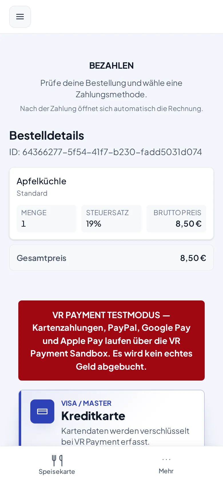 Das Kartenformular von VR Payment auf dem Handy