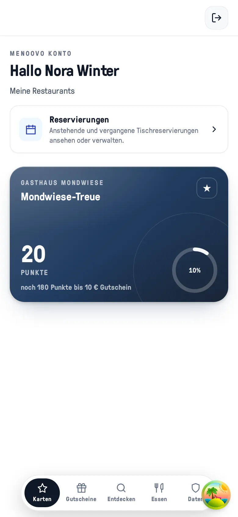 Die Konto-Startseite mit der Kundenkarte für Gasthaus Mondwiese und 20 Punkten