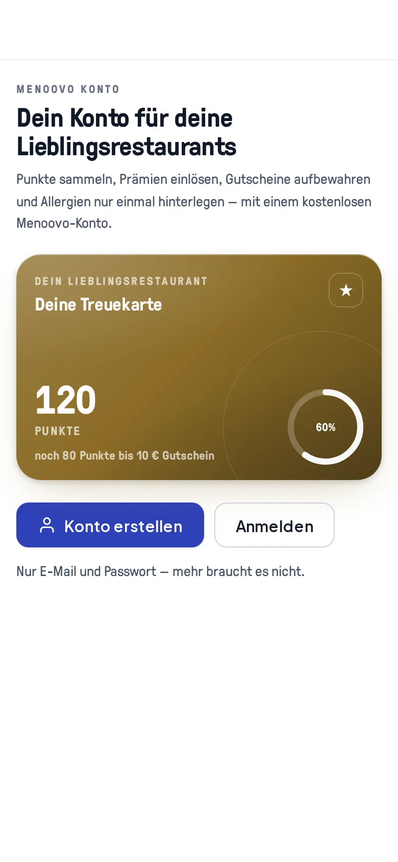 Die Menoovo-Konto-Startseite mit Beispiel-Treuekarte sowie den Knöpfen Konto erstellen und Anmelden