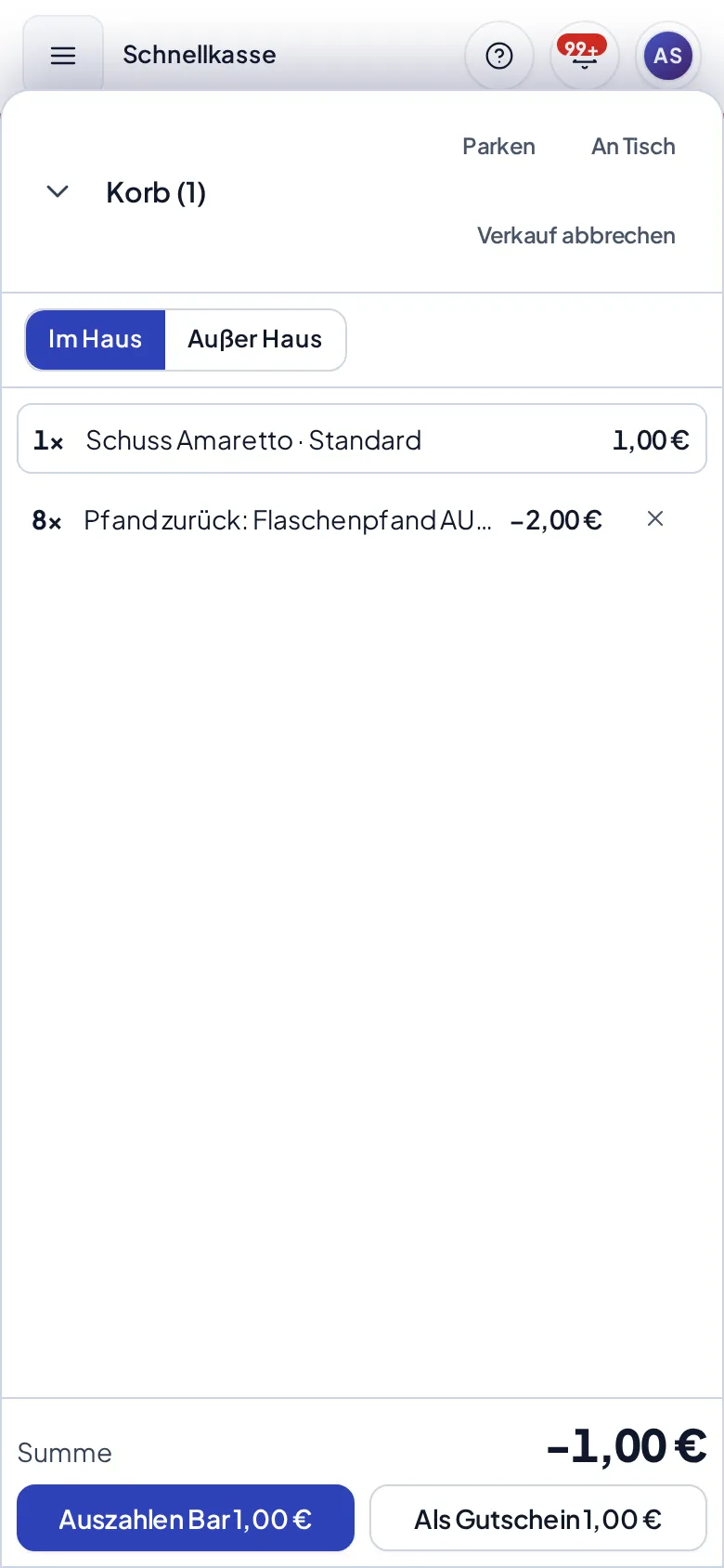 Korb am Telefon mit negativer Summe und den Knöpfen „Auszahlen Bar“ und „Als Gutschein“