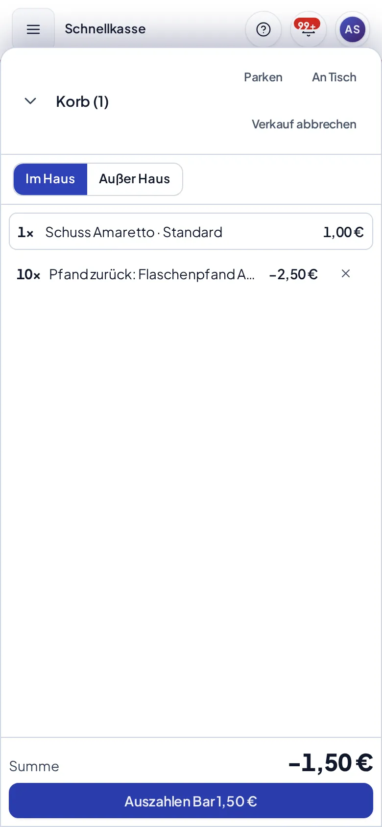 Korb mit Einkauf und Minus-Zeile „Pfand zurück“, Summe negativ, Knopf „Auszahlen Bar“