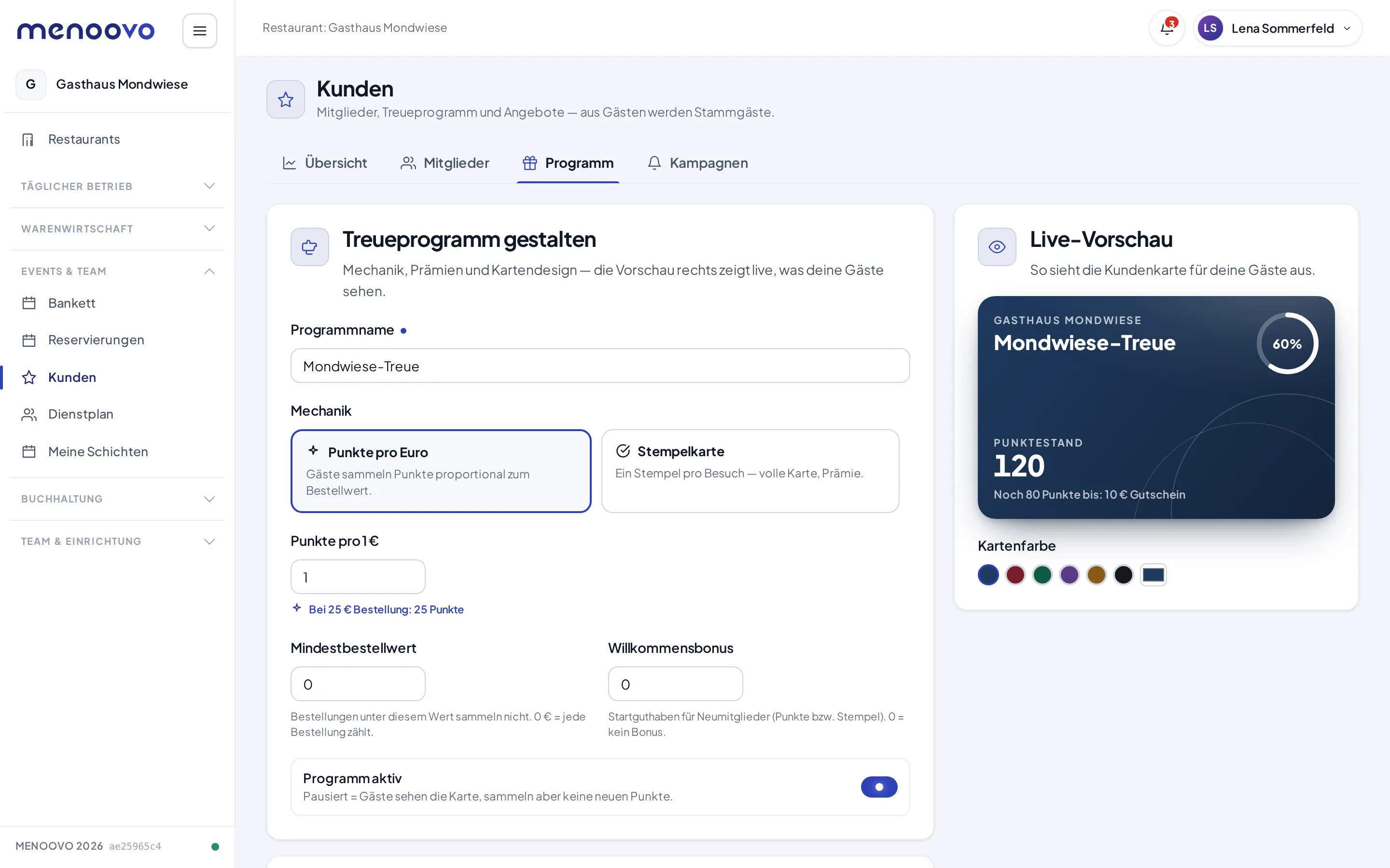 Der Programm-Editor mit Mechanik, Prämien und der Live-Vorschau der Kundenkarte
