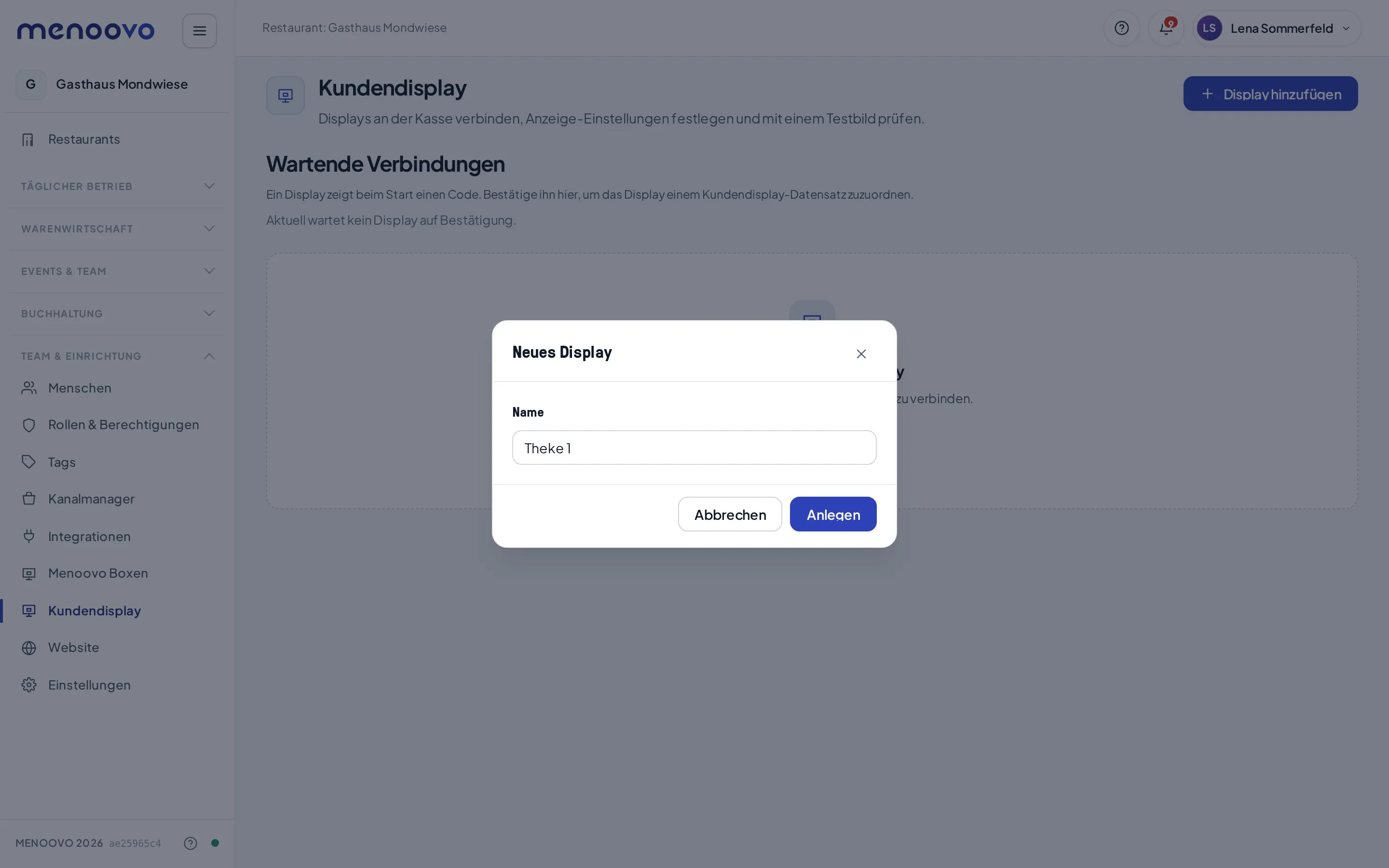 Der Dialog „Neues Display“ mit dem Namen Theke 1