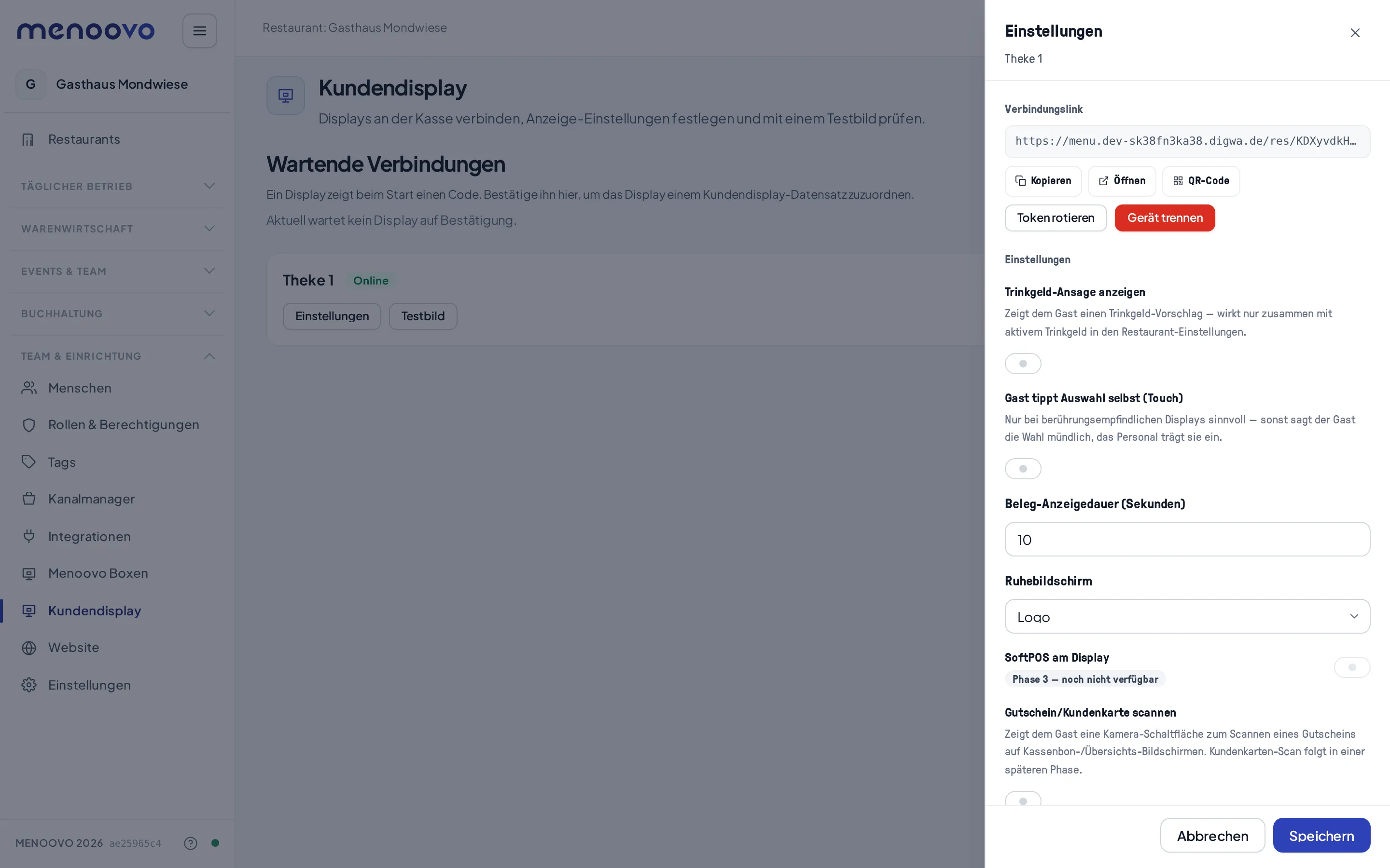 Der Einstellungen-Bereich eines Displays mit Verbindungslink und Anzeige-Optionen