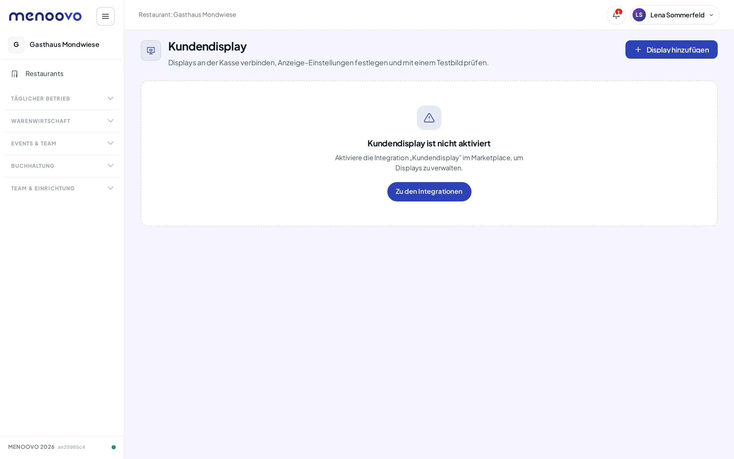 Die Kundendisplay-Seite mit dem Hinweis, dass die Integration nicht aktiviert ist