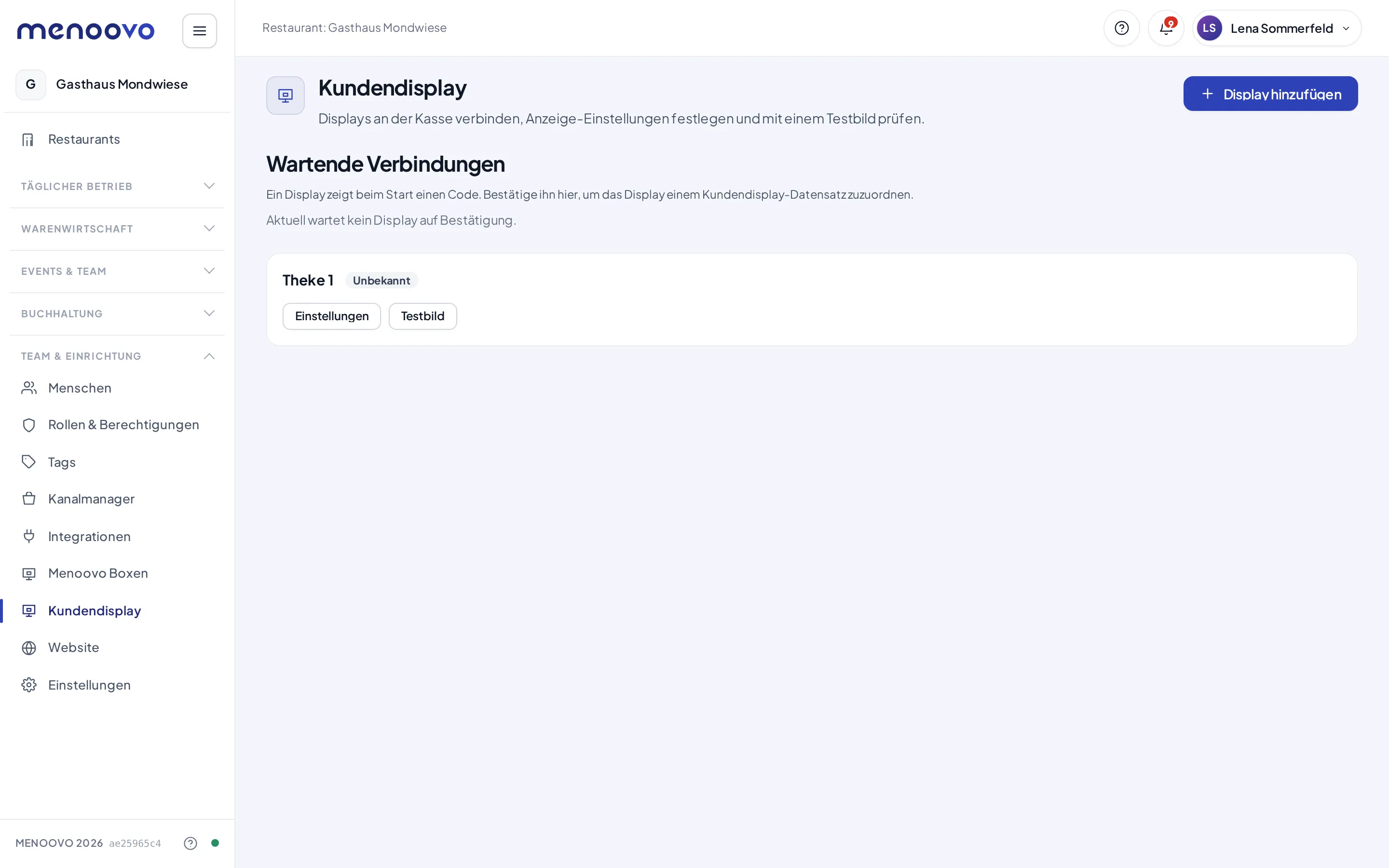 Die Kundendisplay-Seite mit der Karte „Theke 1“ und leerer Warteliste