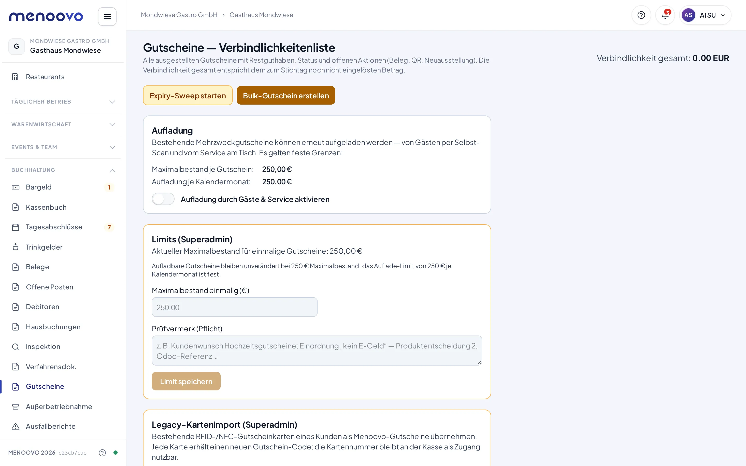 Der Bereich Legacy-Kartenimport auf der Gutschein-Seite, sichtbar für das Menoovo-Team