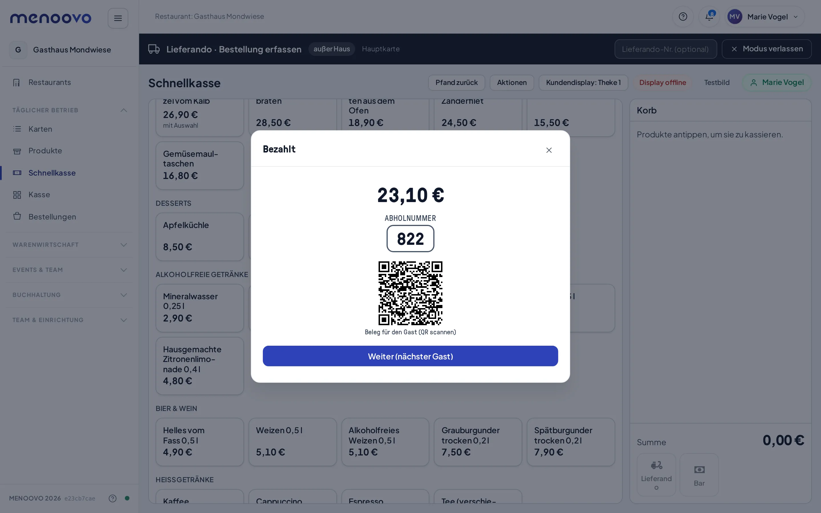 Der Bezahlt-Bildschirm mit Abholnummer und QR-Code für den Beleg des Gasts