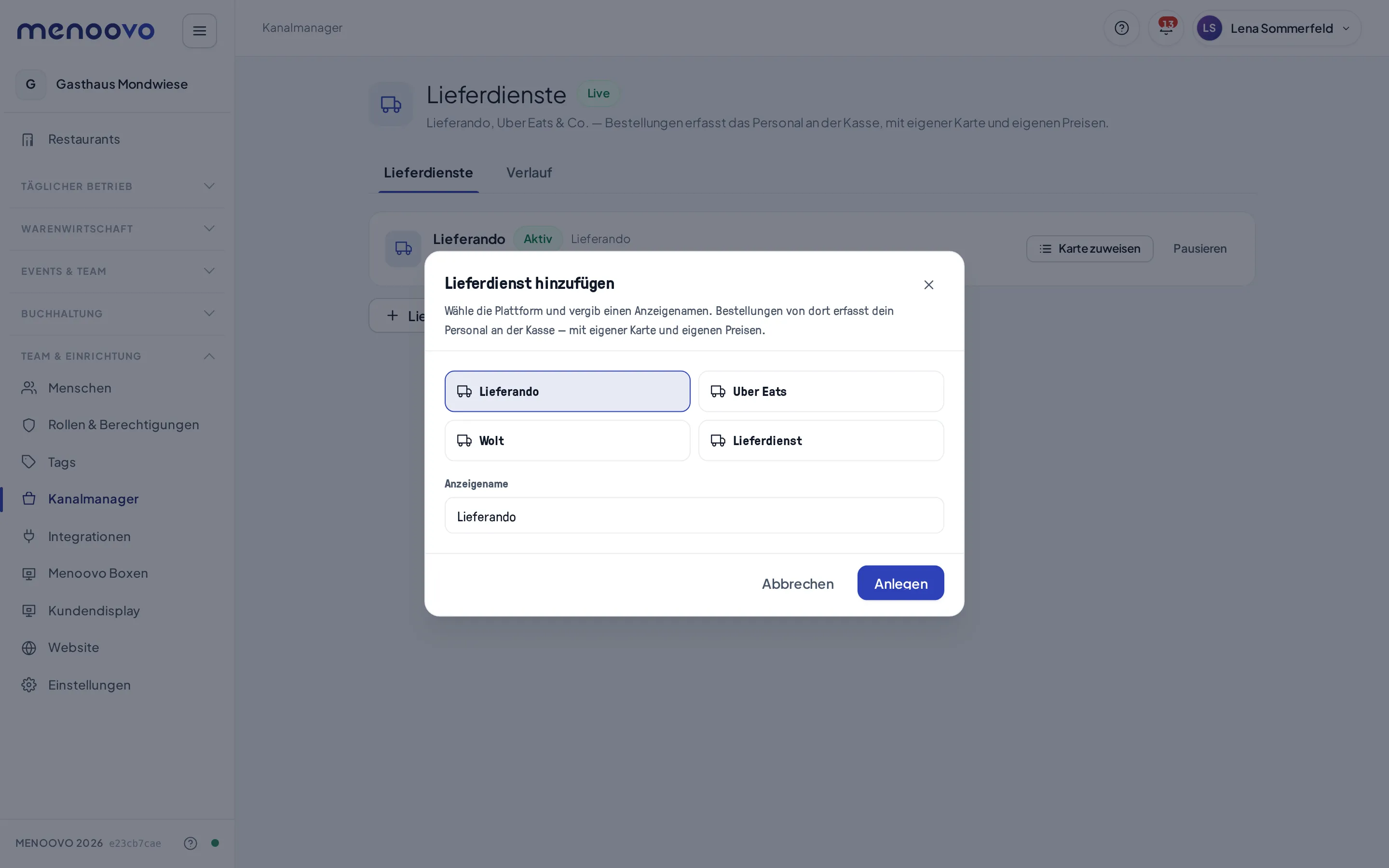 Der Dialog Lieferdienst hinzufügen mit der Plattform-Auswahl Lieferando, Uber Eats, Wolt und Lieferdienst