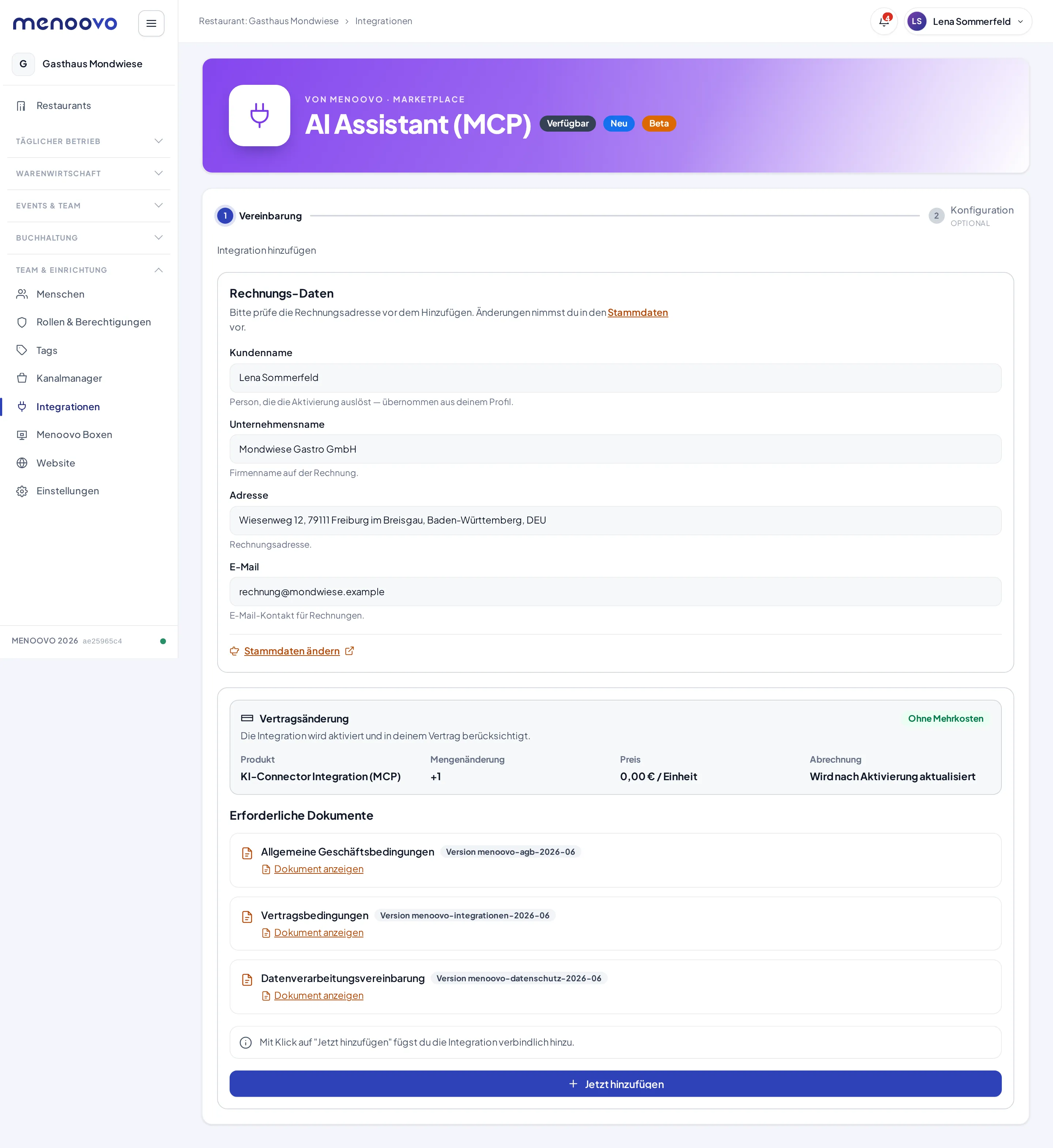 Die Marketplace-Seite der Integration AI Assistant (MCP) mit dem Schritt Vereinbarung, der Vertragsänderung ohne Mehrkosten und dem Knopf Jetzt hinzufügen