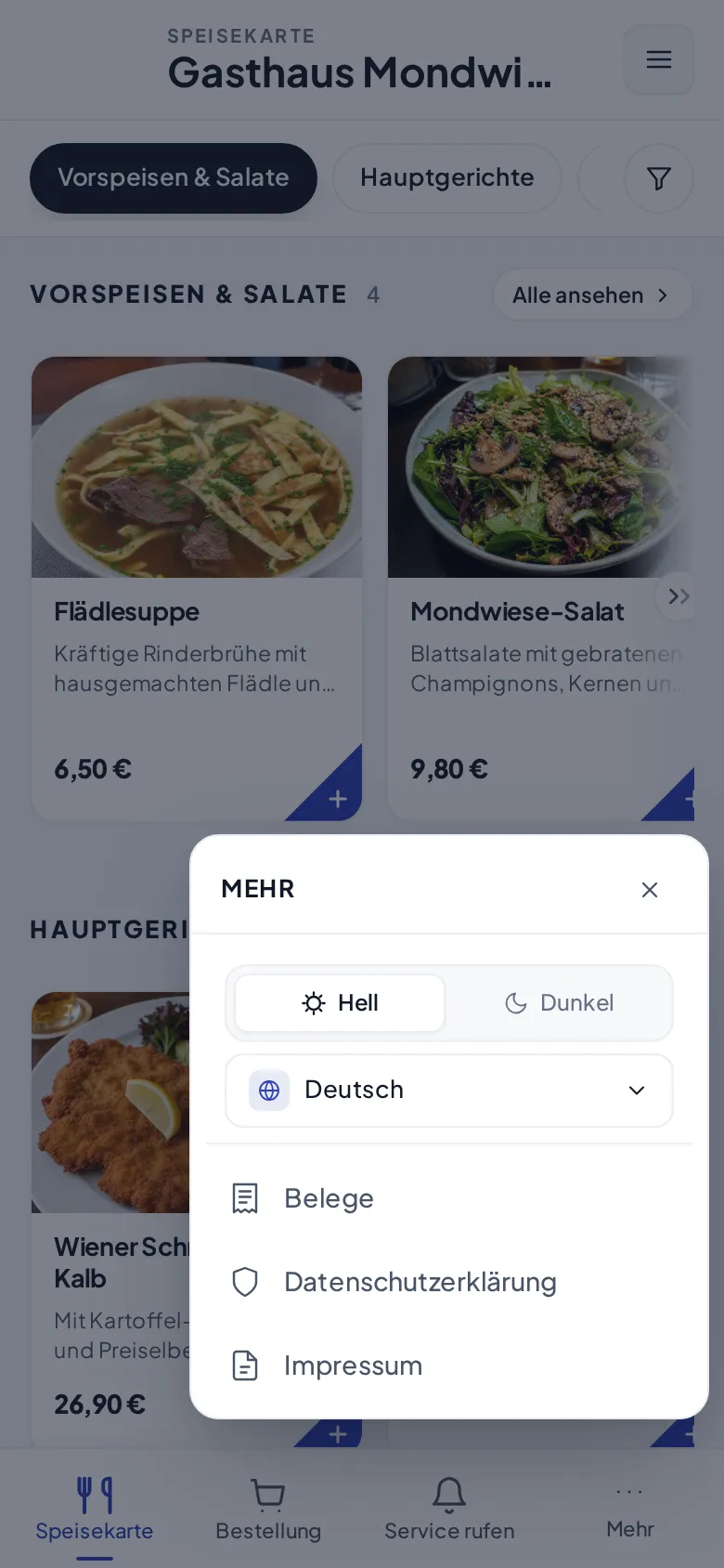 Das Mehr-Blatt mit Hell/Dunkel-Umschalter, Sprachauswahl, Belegen und rechtlichen Links