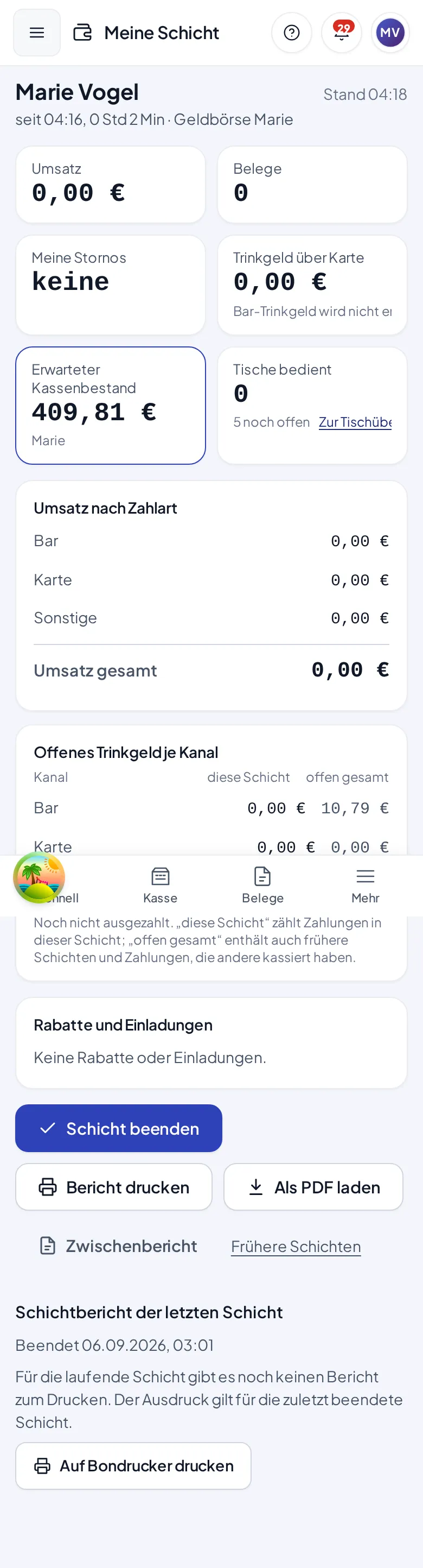 Meine Schicht mit Umsatz, Belegen und erwartetem Kassenbestand