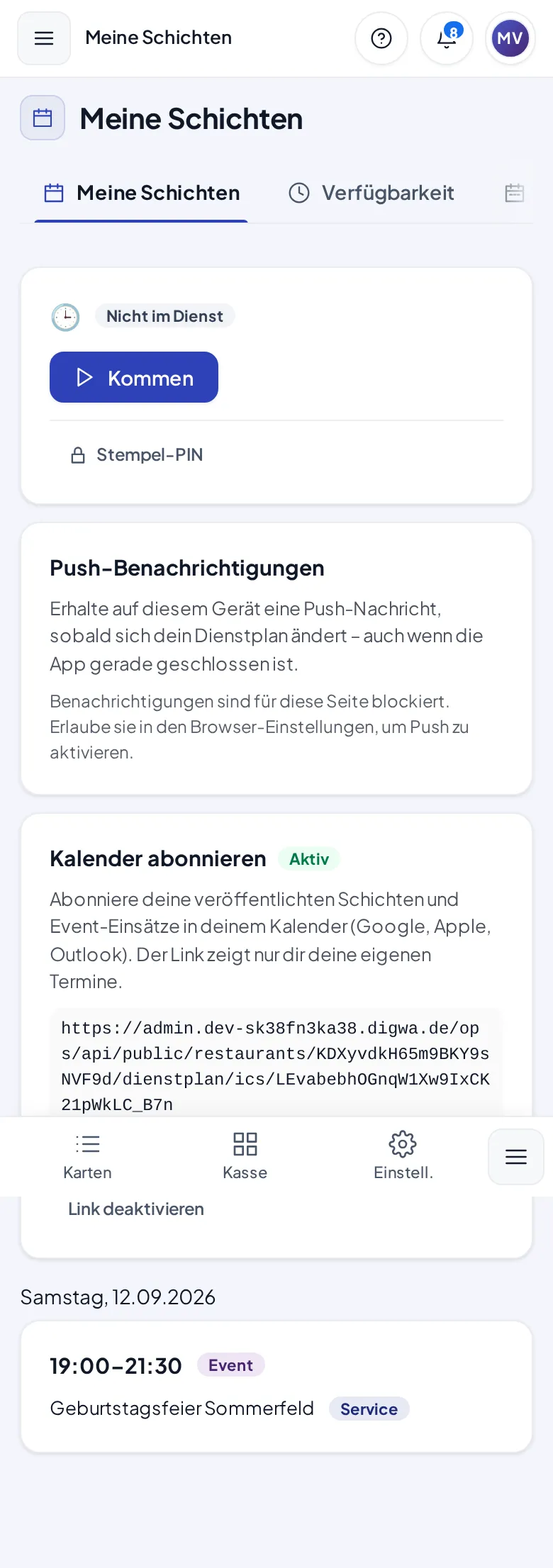 Der Bereich Kalender abonnieren mit aktivem Link, Link kopieren, Neuen Link erzeugen und Link deaktivieren