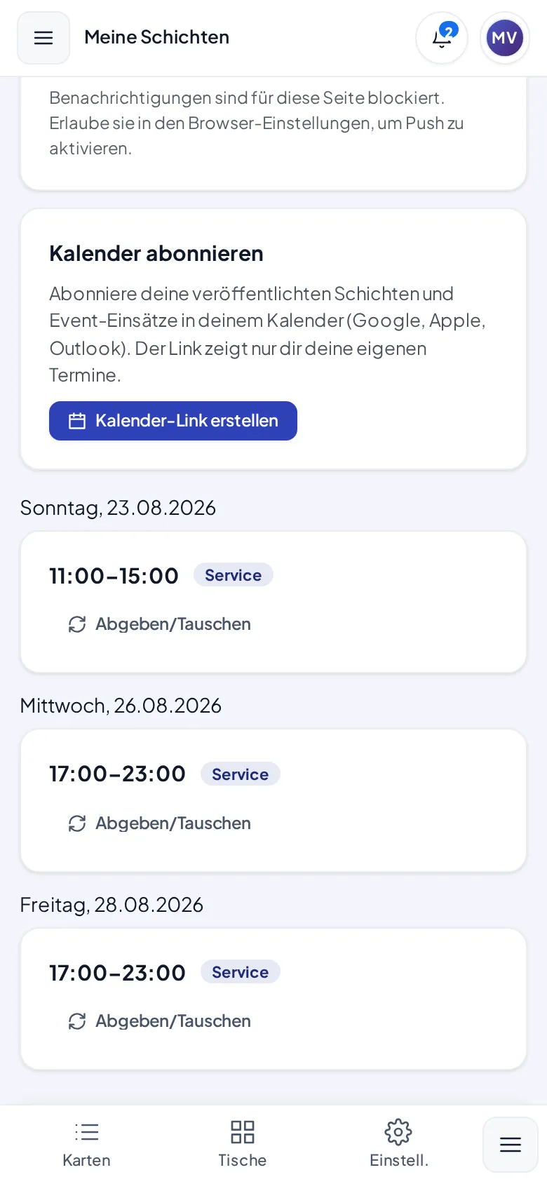 Die Schichtliste von Marie Vogel mit drei kommenden Service-Schichten