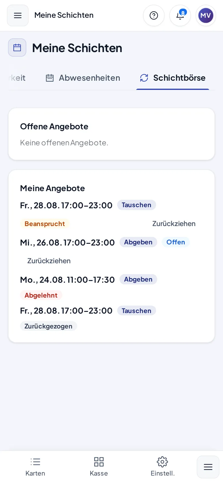 Die Schichtbörse mit den Listen Offene Angebote und Meine Angebote