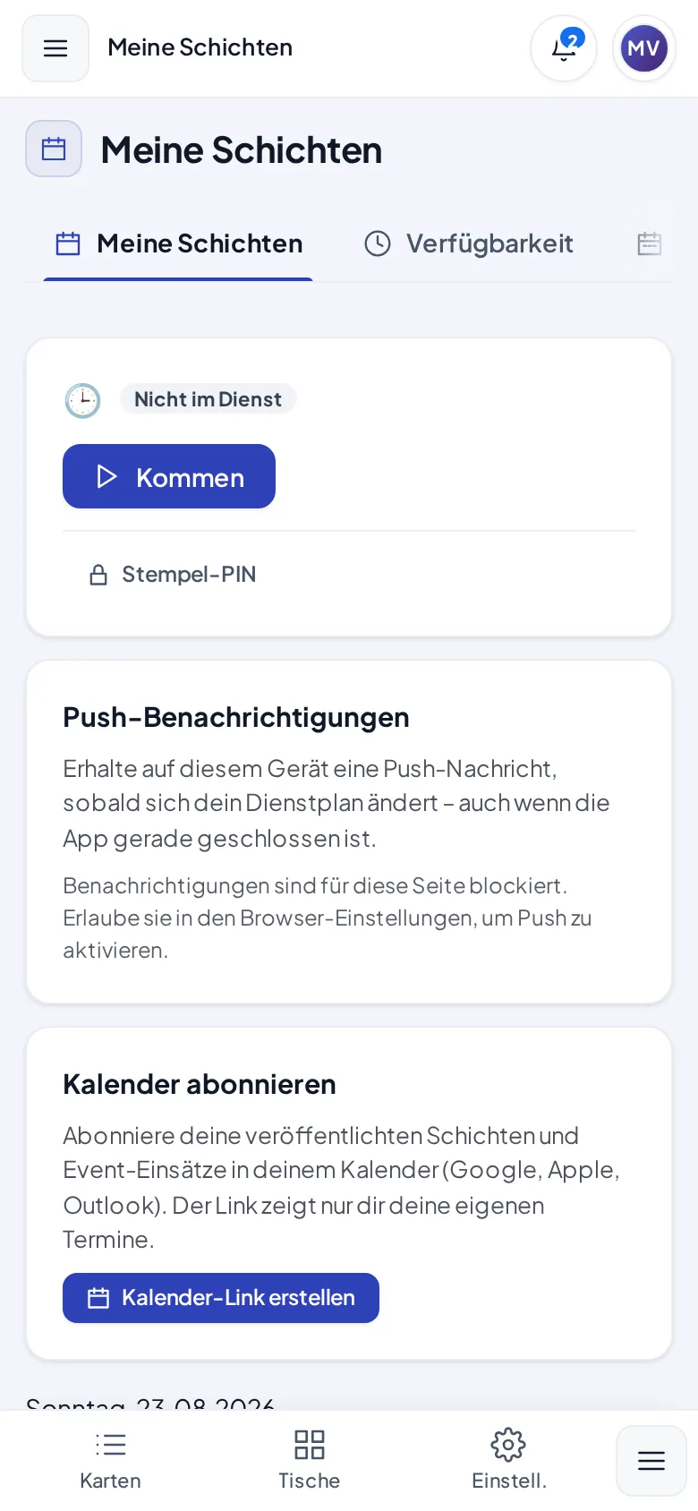 Meine Schichten auf dem Smartphone mit Stempeluhr, Push-Benachrichtigungen und Kalender-Abo