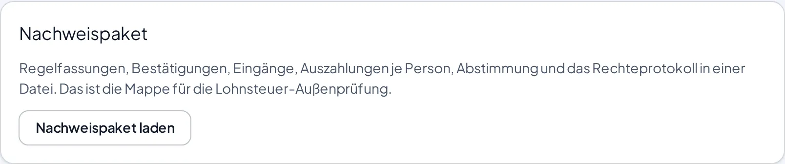 Der Abschnitt Nachweispaket mit dem Knopf zum Laden