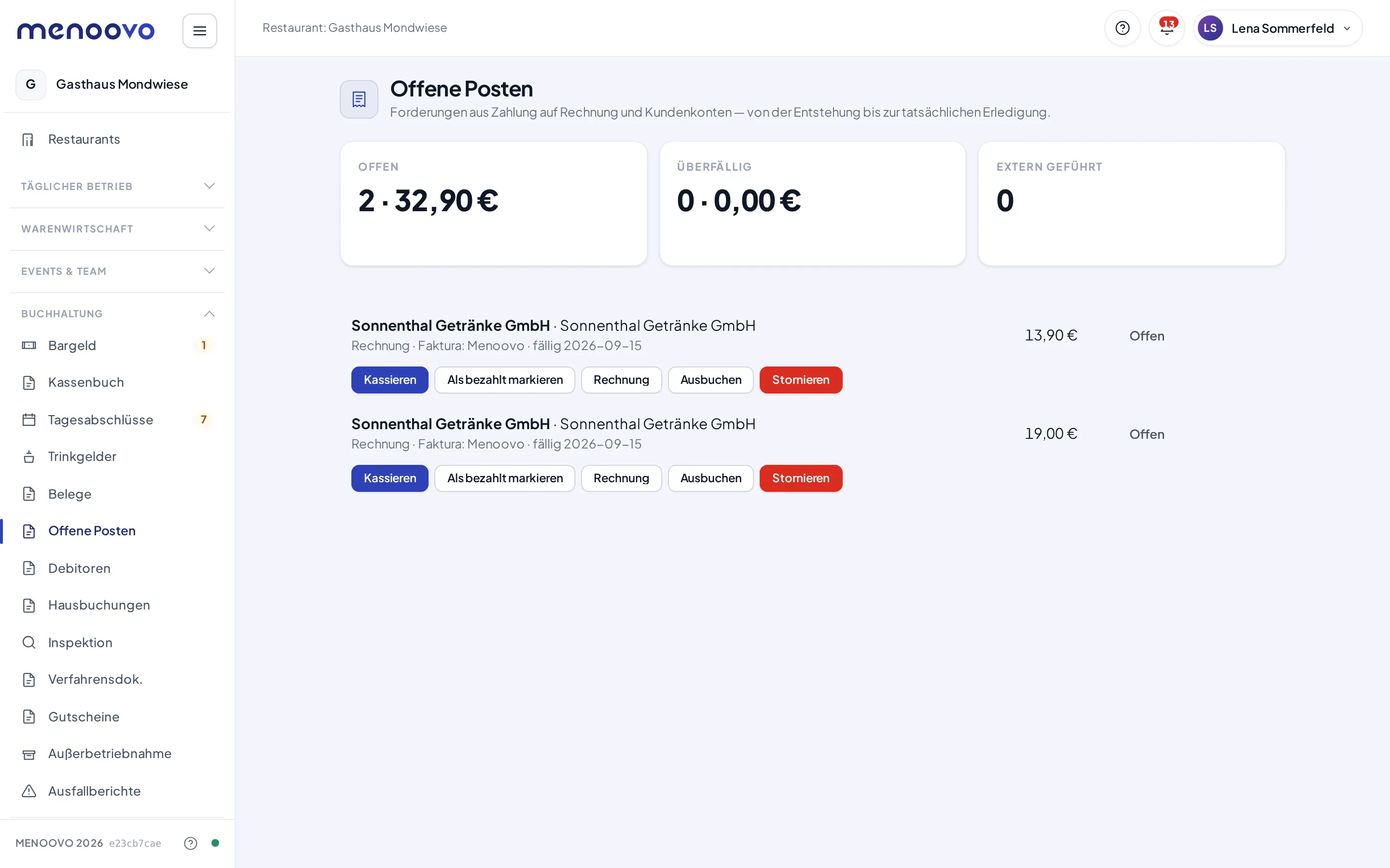 Die Seite Offene Posten mit einer offenen Forderung der Sonnenthal Getränke GmbH und den Aktionen Kassieren, Als bezahlt markieren, Rechnung, Ausbuchen und Stornieren